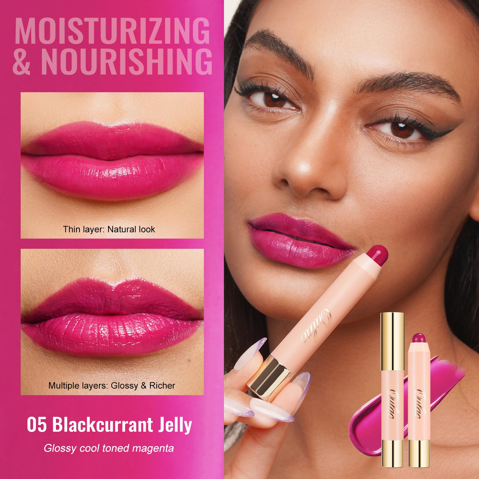 Oulac Moisturizing Lipstick - Hydrating Lipstick Tinted Lip Balm For Dry Lips, Purple Lip Crayon & Blush - Lip Color And Cheeks