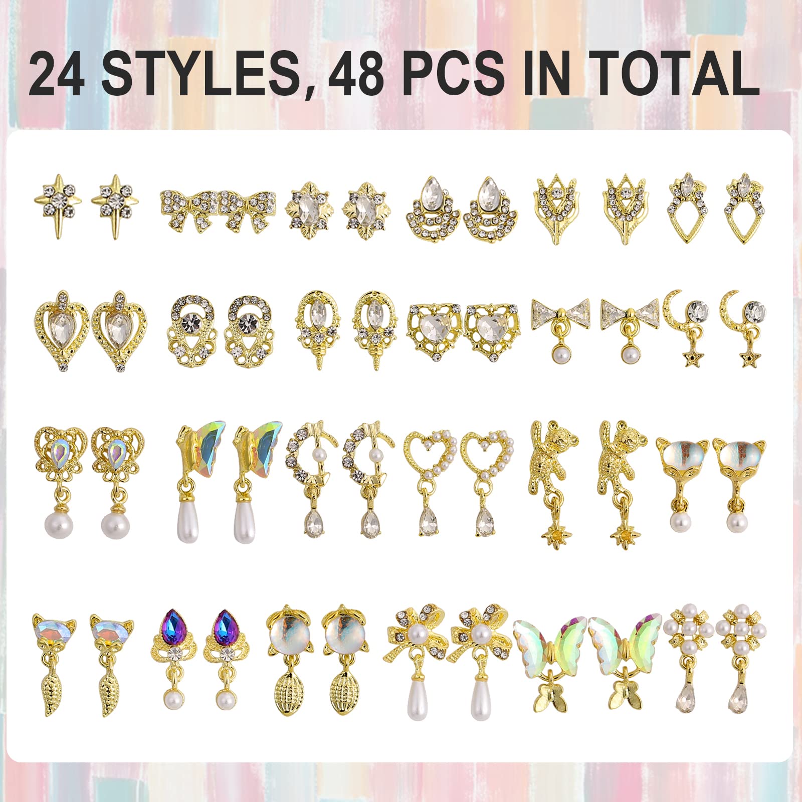48 Pcs Dangle Nail Charms Luxury Rhinestones for Nails Heart Charms Gold Nail Gems Crystal Metal Nail Diamonds Stones for 3D Nai