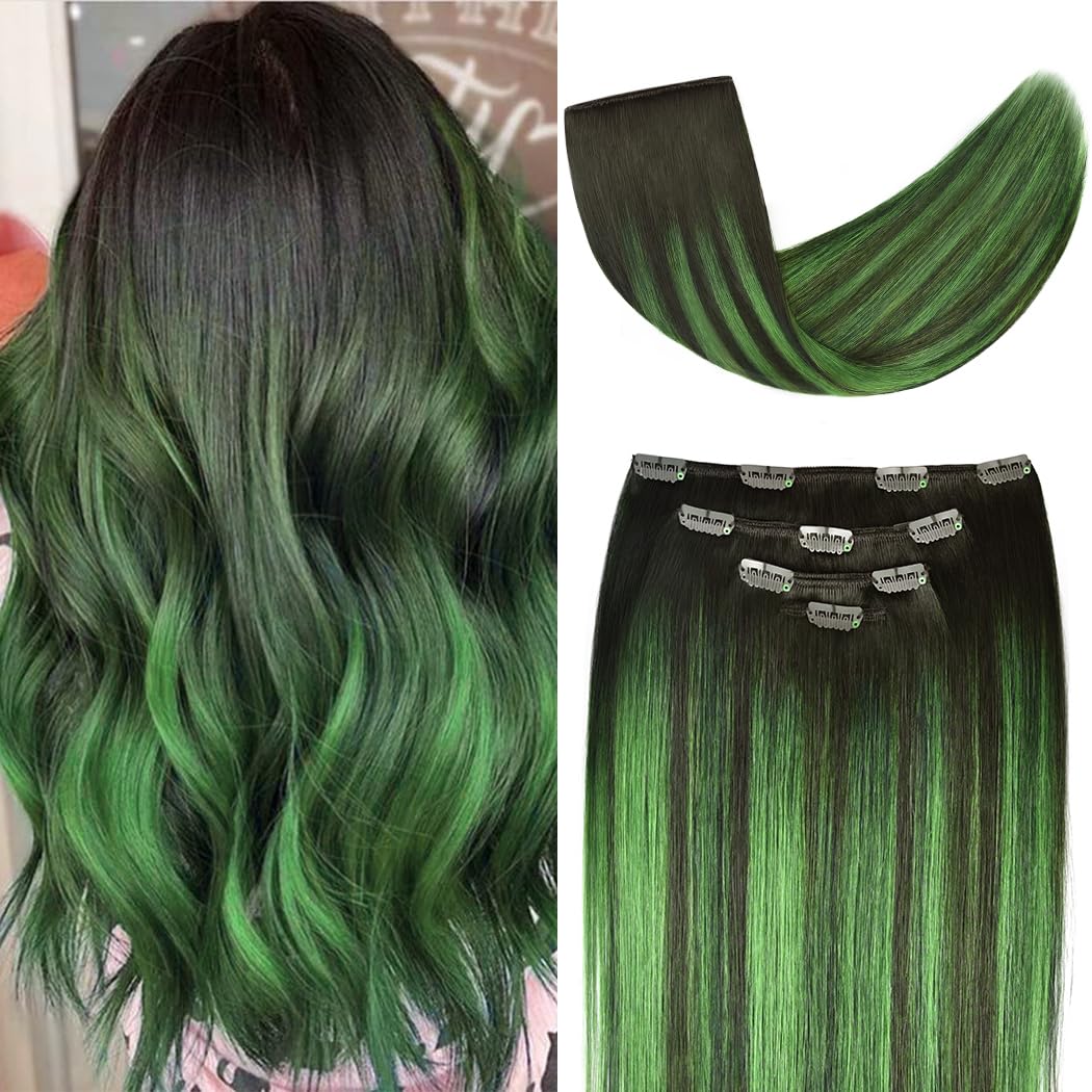 14'' Clip In Hair Extensions Remy Human Hair Teal Balayage For Women - Silky Straight 100% Real Human Hair 50Grams 4Pieces #(1B/