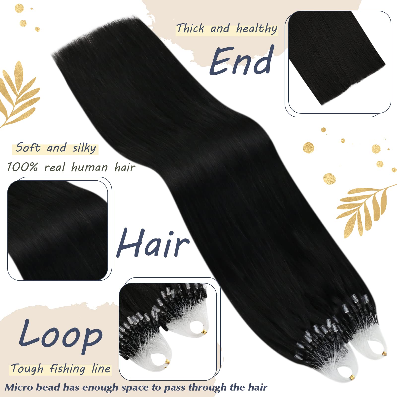 Ugeat 20 Inch Micro Loop Hair Extensions Remy Straight Hair Microlink Hair Extensions Human Hair Color #1 Jet Black Micro Beads