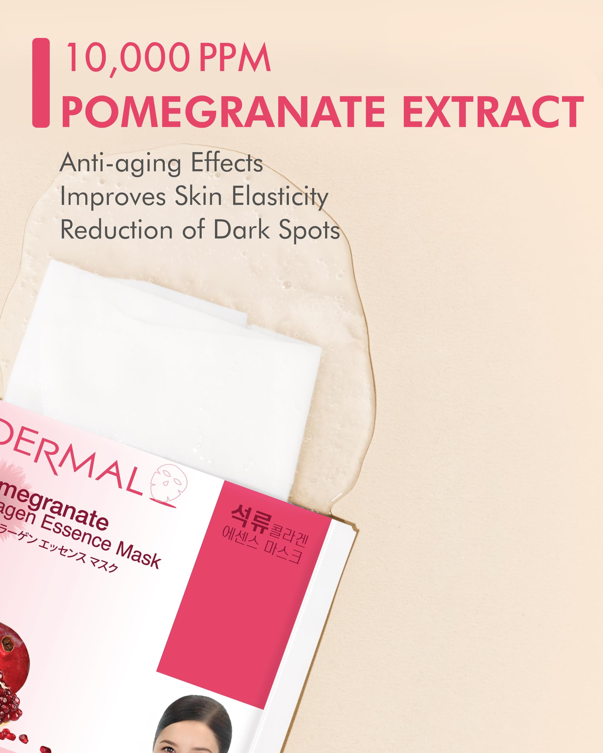 Dermal Pomegranate Collagen Korean Facial Mask Sheet Pack Of 10- Revitalizing, Vibrant Skin, Elasticity - Hypoallergenic Skin Fr