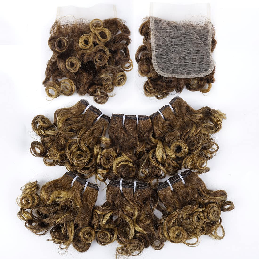 4/27 Short Wavy Curly Bundles With Closure Brazilian P4/27 Wavy Curly 6 Bundles With 4X4 Lace Closure Brazilian Unprocessed Wavy