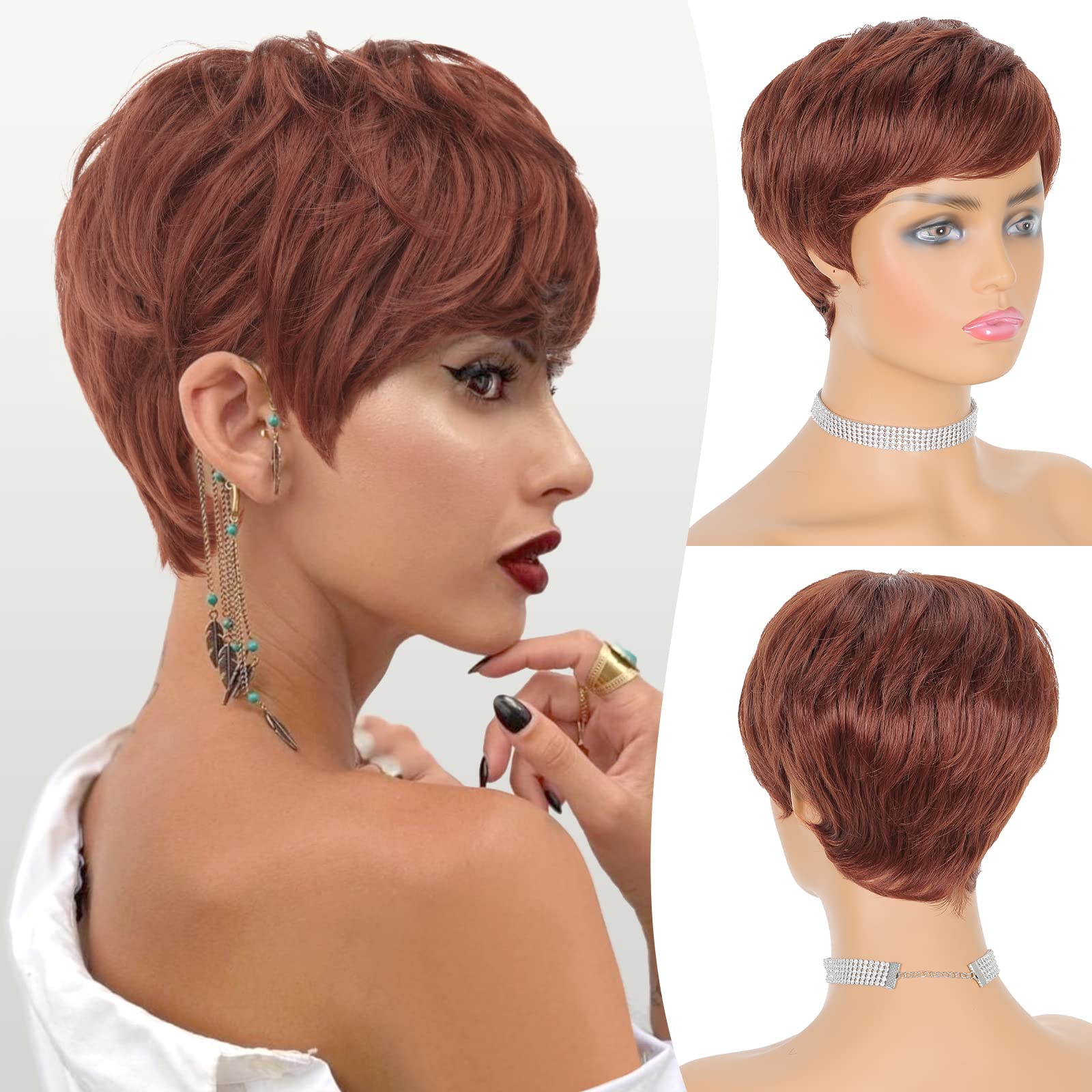 Feshfen Pixie Cut Wigs Synthetic Short Auburn Pixie Haircut Wig With Bangs Glueless Layered Wig Wavy Wigs For Women, Daily Cospl