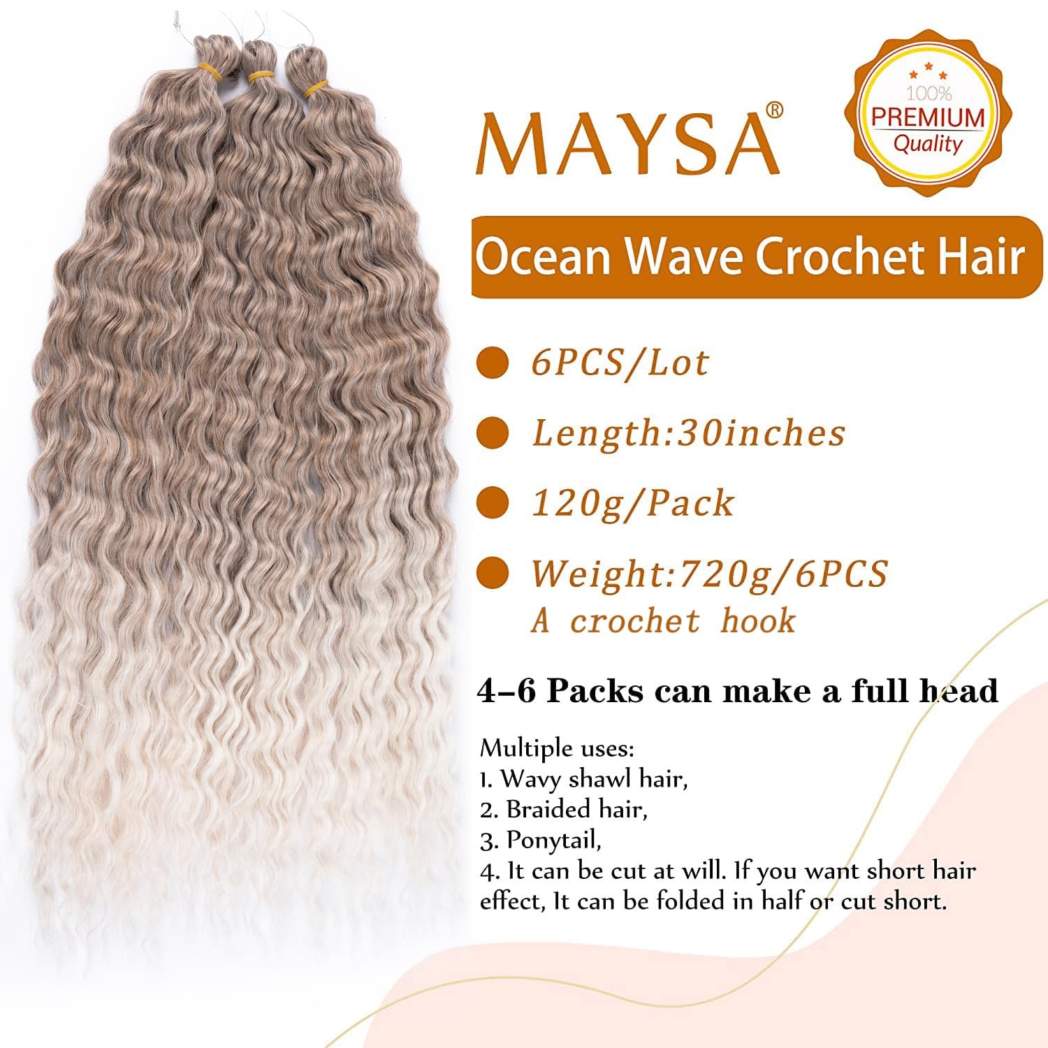 MAYSA Curly Braiding Crochet Hair Synthetic Deep Wave Crochet Hair 30 Inch 6Packs Ocean Wave Hair Extension for Women #10/56c Br