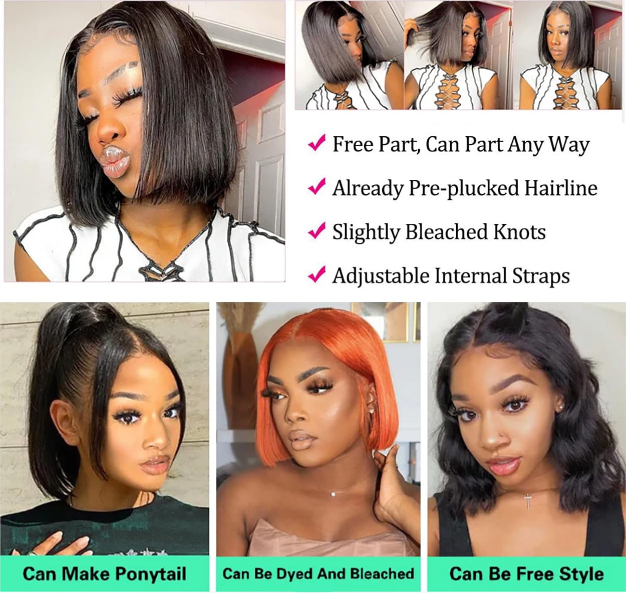 5X5 Closure Bob Wig Human Hair Bone Straight 14 Inch Short Bob Wig Glueless Wigs Lace Wig Pre Plucked For Women 150% Density Bra
