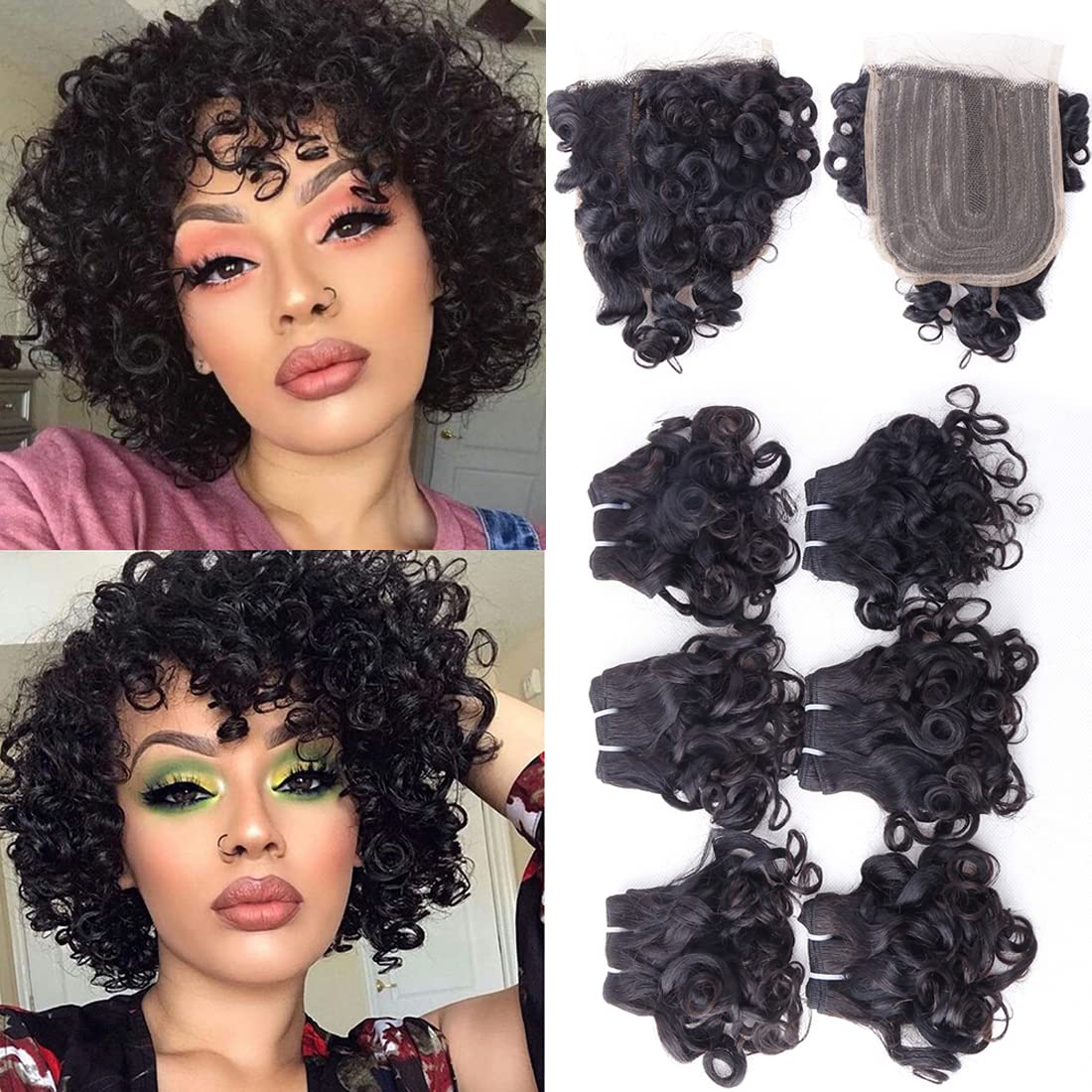 Peruvian Curly Hair Bundles Short Bob Wavy Curly Human Hair Bundles with Closure 10A Ocean Weave 6 Bundles with Closure 25g/Bund