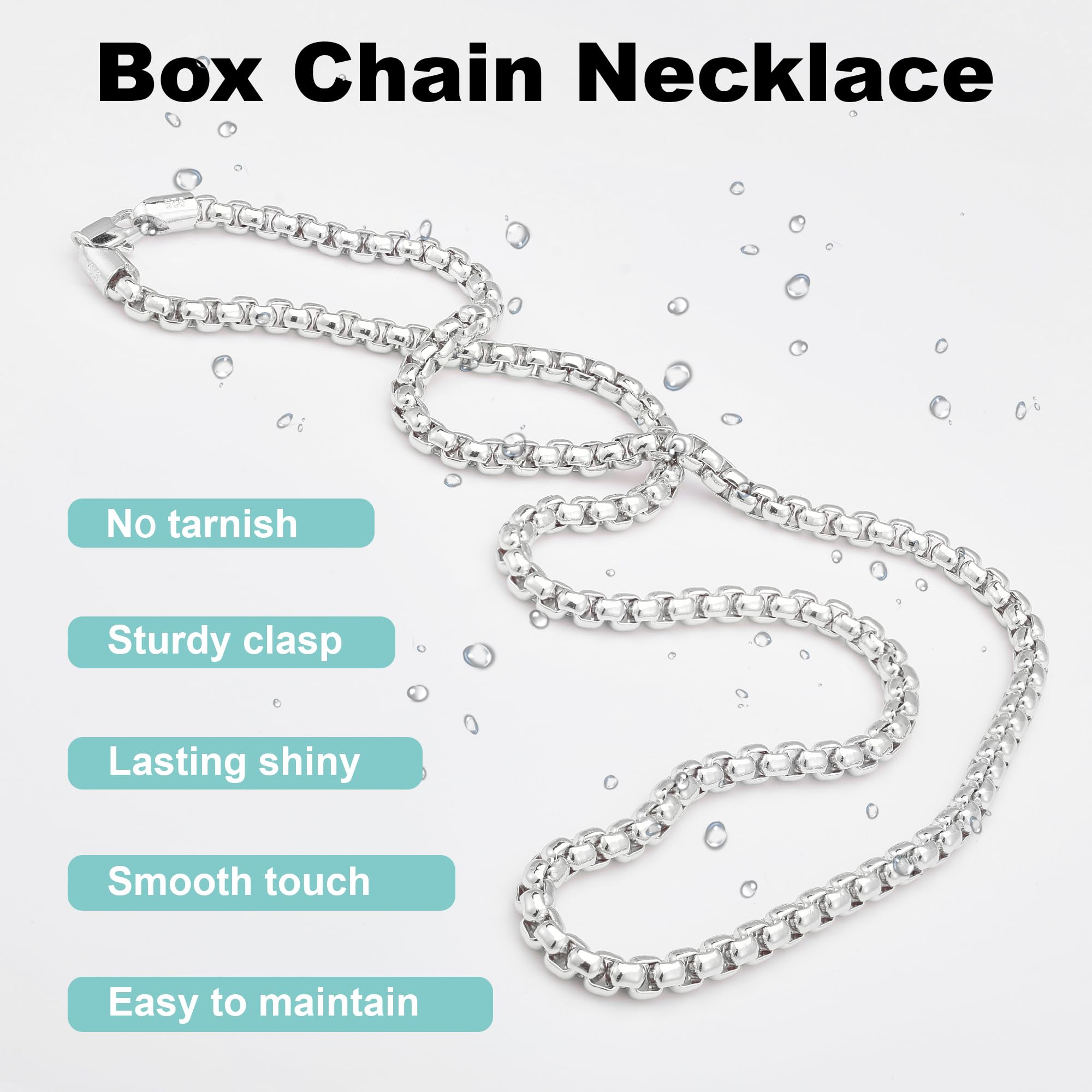 Waitsoul 925 Sterling Silver Box Chain Lobster Clasp 4mm Silver Chain for Women Men Silver Necklace Chain 16-30 Inches (22)