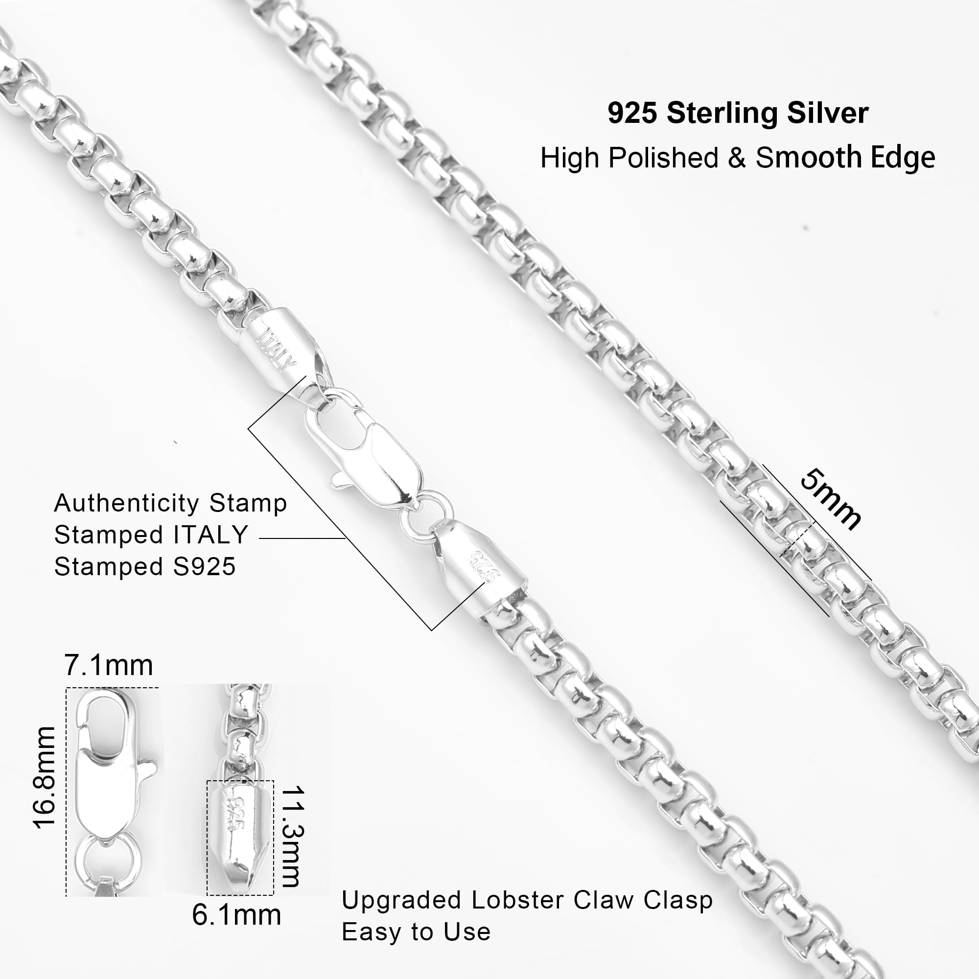 Waitsoul 925 Sterling Silver Box Chain Lobster Clasp 5mm Silver Chain for Women Men Silver Necklace Chain 16-30 Inches (16)