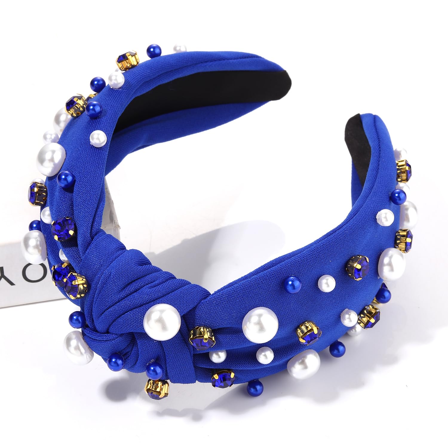 Glbcc Pearl Knotted Headband, Blue, Football Game Day Hairband With Rhinestone Embellishment, Wide Headband For Women, Sports Ha