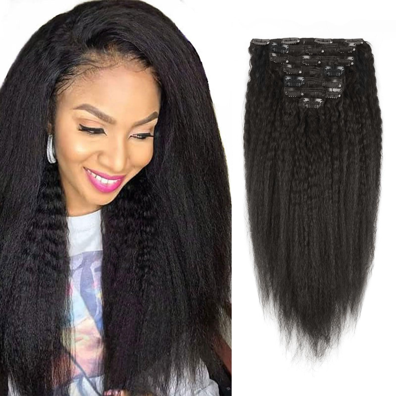 Sassina Afro Kinky Straight Clip In Human Hair Extensions Virgin Brazilian African American Straight Clip On Hair For Black Wome