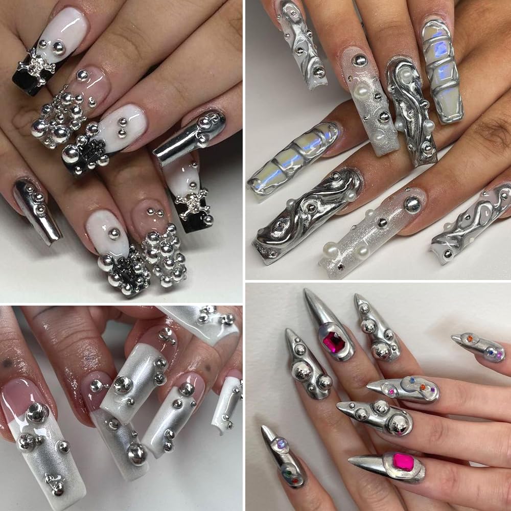 3D Mixed Sizes Silver Nail Art Steel Studs Jewels Metal Caviar Nails Beads Ball Nail Rivets Jewelry For Women Nail Diy Crafts To