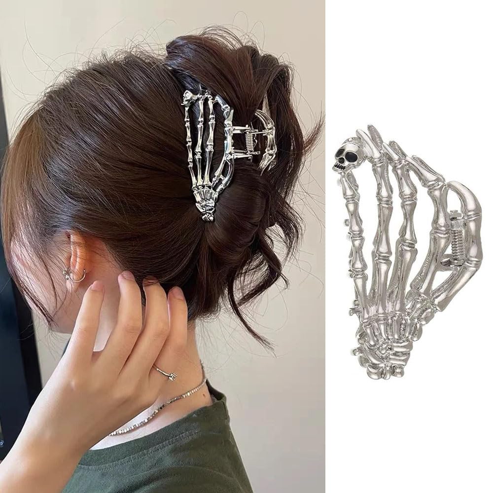 Alloy Skull Hand Hair Claw Clips - Funny Punk Strong Hold for Thick and Thin Hair, Metal Silver Non-Slip Hair Accessories for Ha