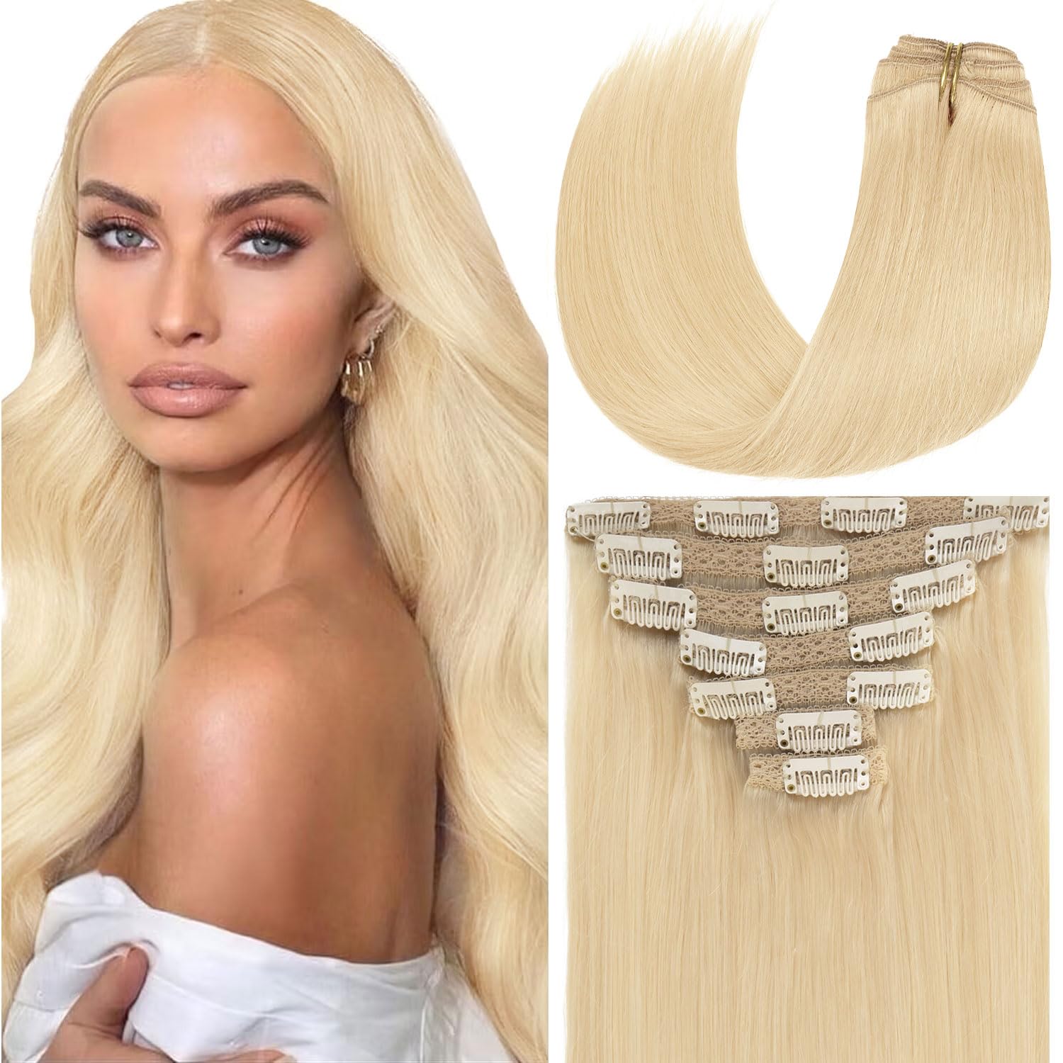 Loxxy 22 Inch Platinum Blonde Remy Human Hair Extensions Clip in Human Hair Double Weft 100% Human Hair Extension Thick Silky St