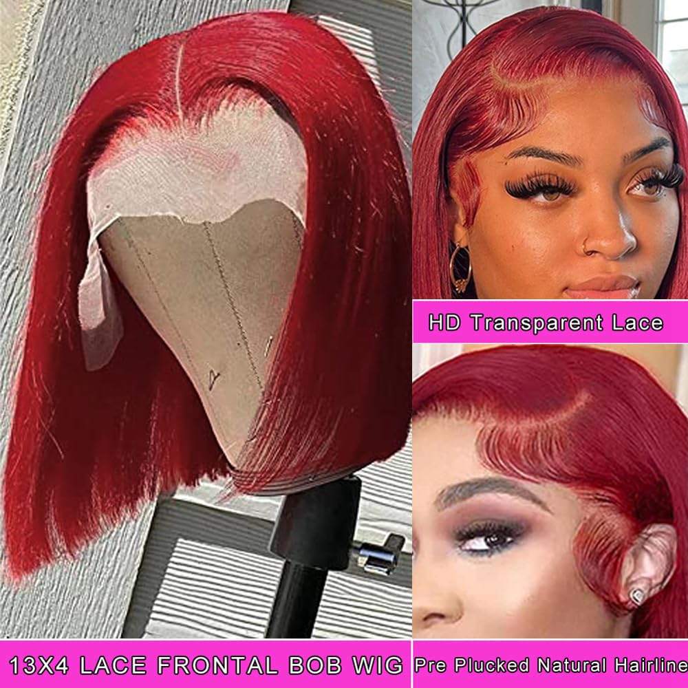 Hd Transparent Glueless Pre Plucked 13X4 Straight Dark Red Burgundy Bob Wig Human Hair Lace Front Wigs With Baby Hair 100% Unpro