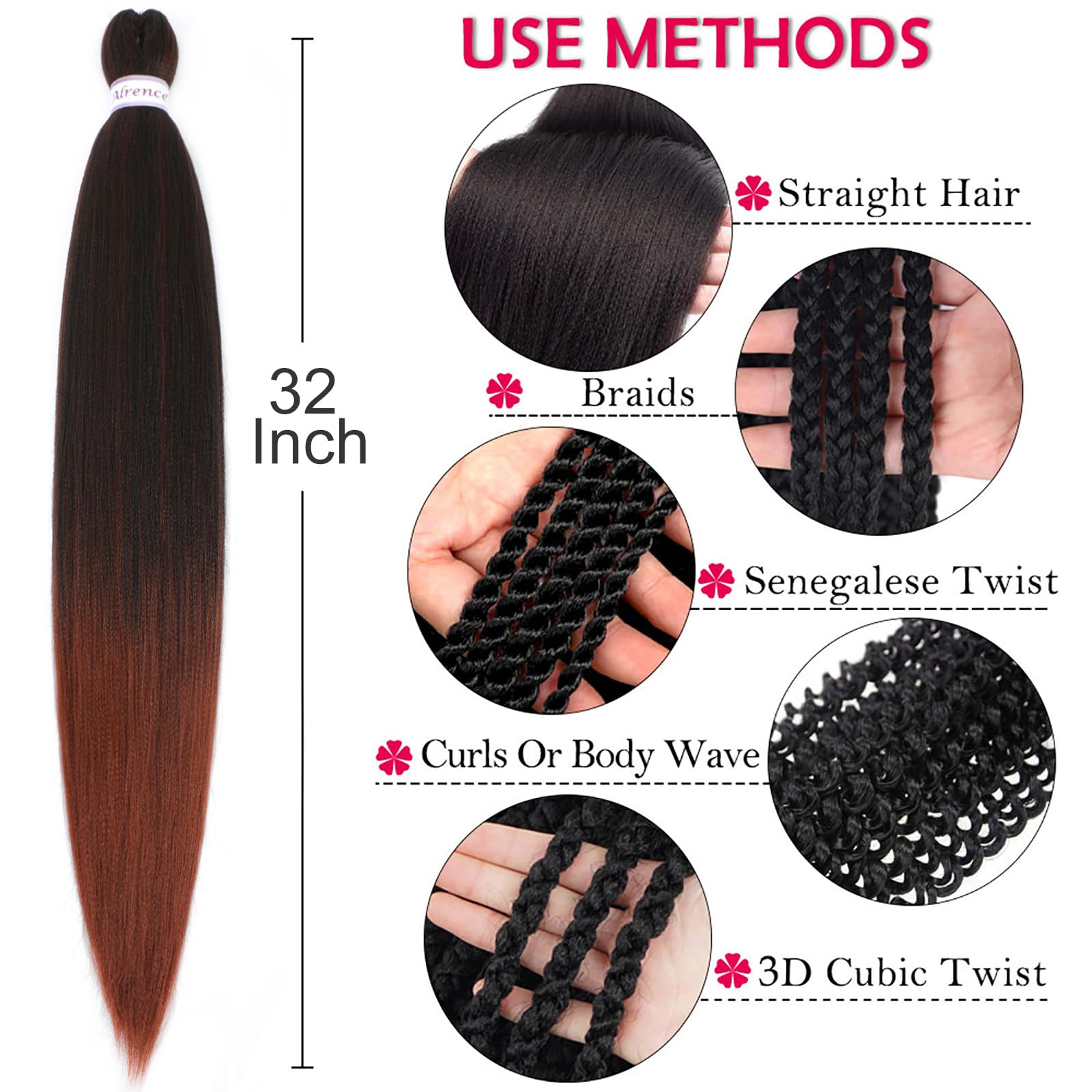 Alrence Pre Stretched Braiding Hair Long Braid 32 Inch 8 Packs Professional Braiding Hair Extensions Synthetic Crochet Twist Bra