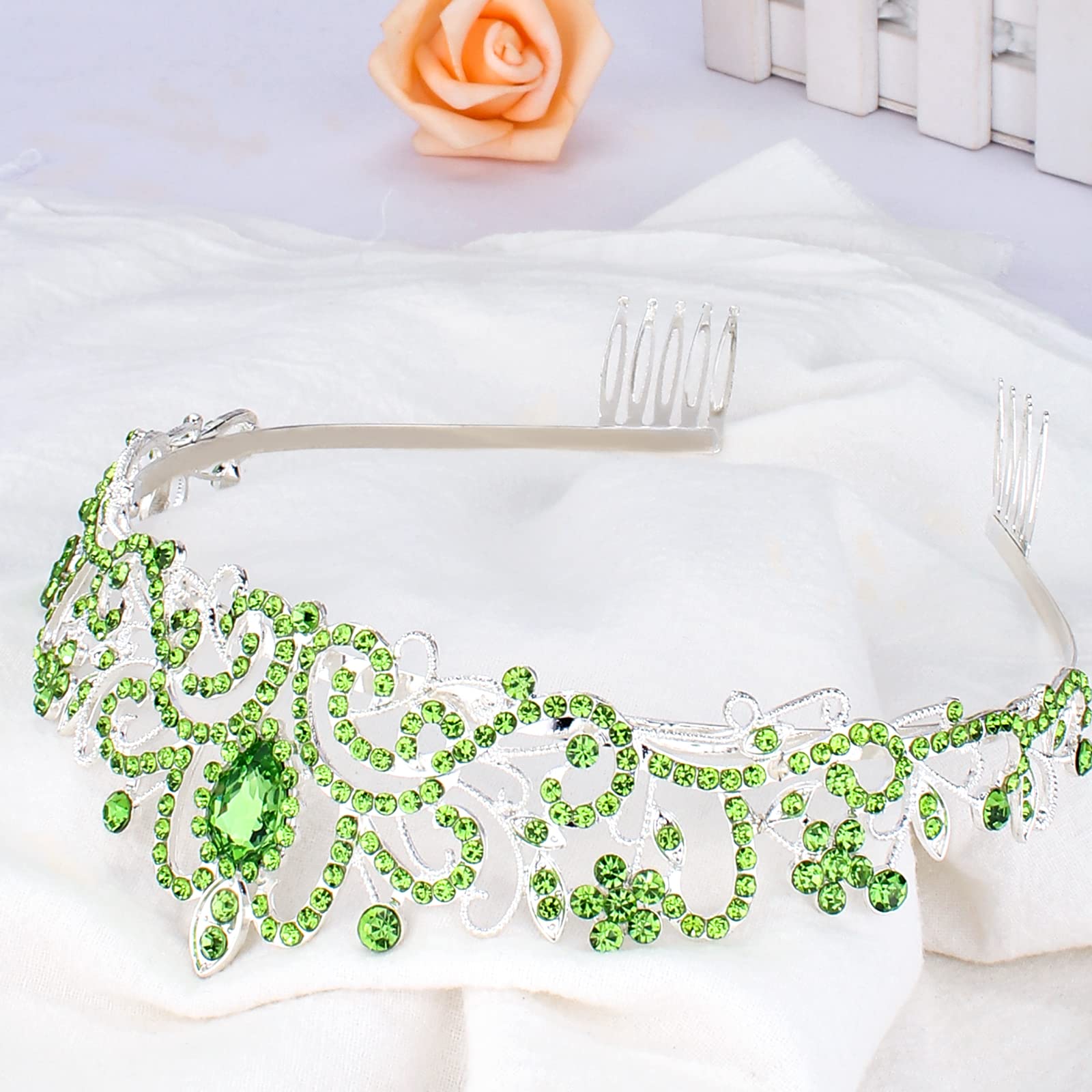 Cocide Green Tiara And Crowns For Women Crystal Headband Princess Rhinestone With Combs Bride Hairpiece Bridal Wedding Prom Birt