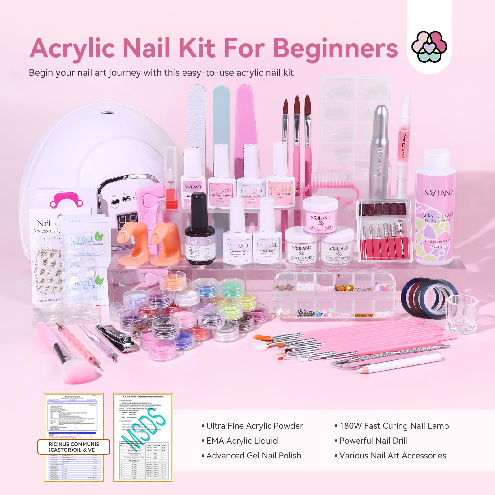 Saviland Acrylic Nail Kit For Beginners: Keratin Acrylic Powder Castor Oil Vitamin E Gel Nail Polish Primer 180W Nail Lamp Nail
