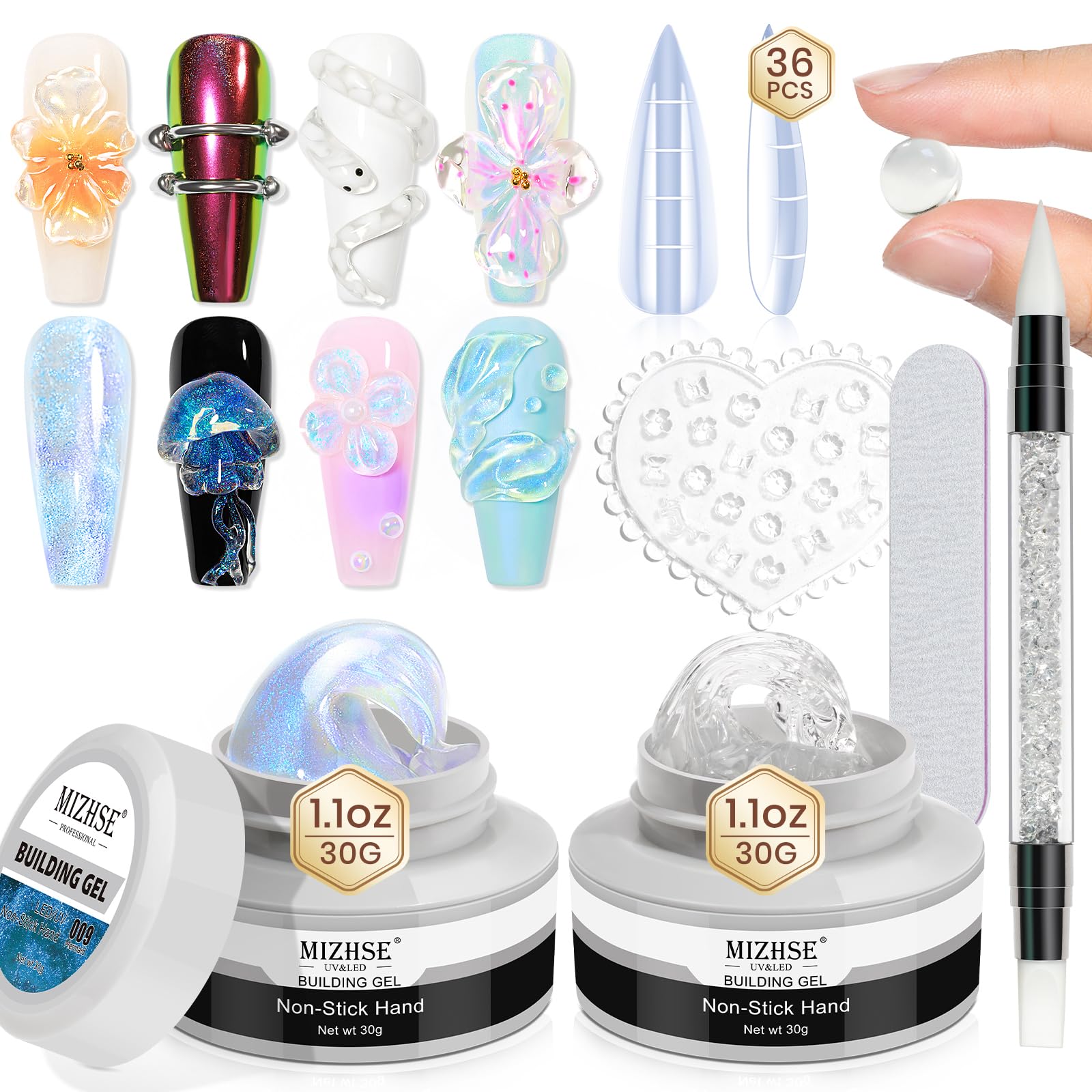 MIZHSE 2PCS Solid Builder Gel for Nails Kit: 30g/1oz Clear & Aurora Hard Gel for Nails 3D Nail Gel with Nail Forms 3D Silicone M