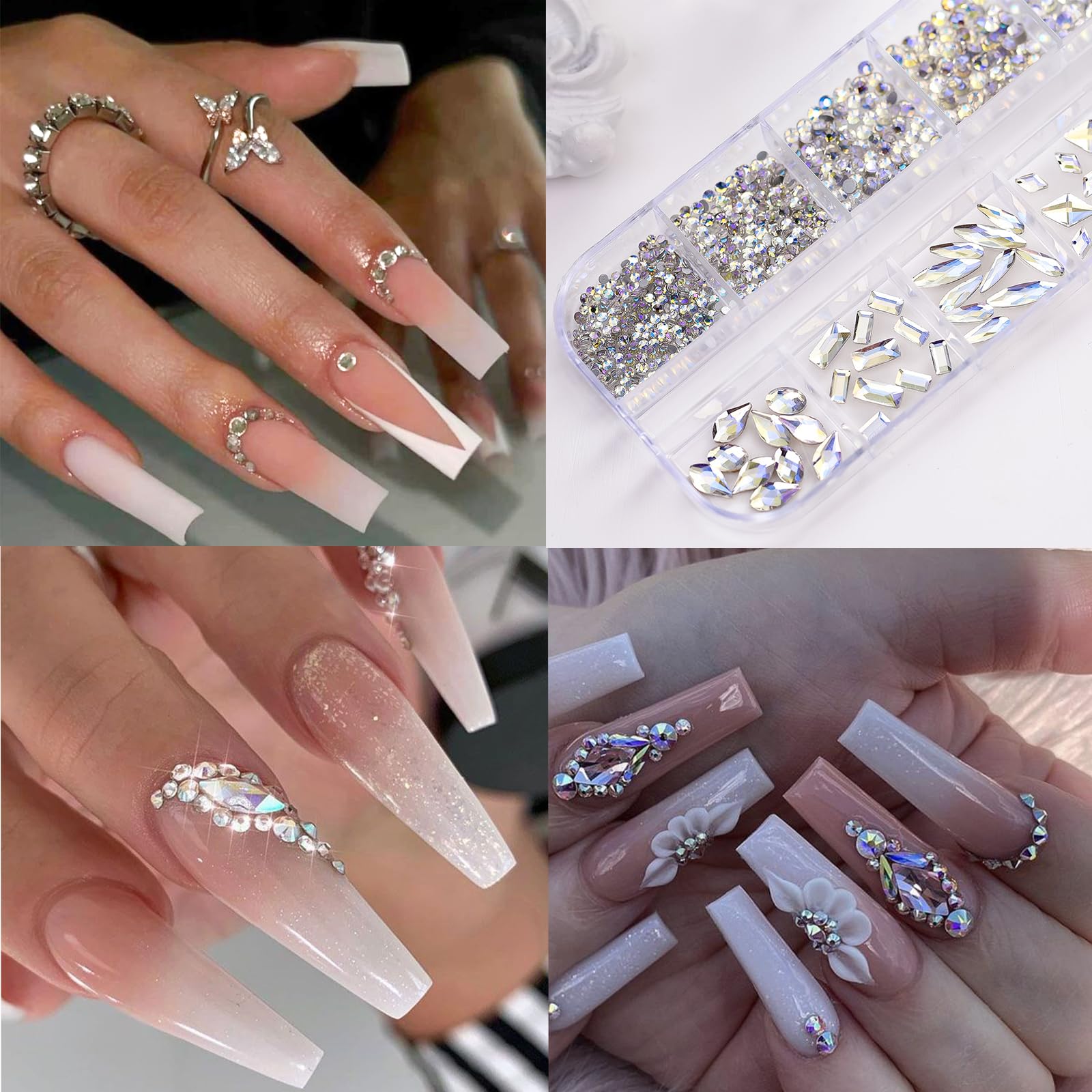 Nail Art Rhinestones For Nails, Flatback Multi Shape Gems 3D Flowers Nail Charms Mixed Nail Glitter Powder Nail Supplies Moonlig