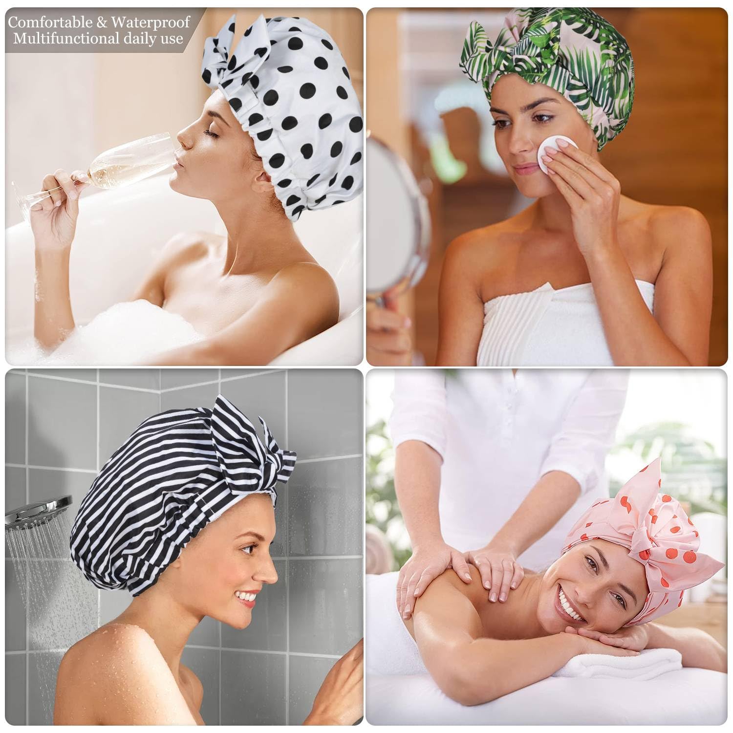 Luvruitaky Shower Cap Luxury Shower Caps For Women Reusable Waterproof Hair Cap For Shower With Adjustable Bowknot Hair Bath Cap