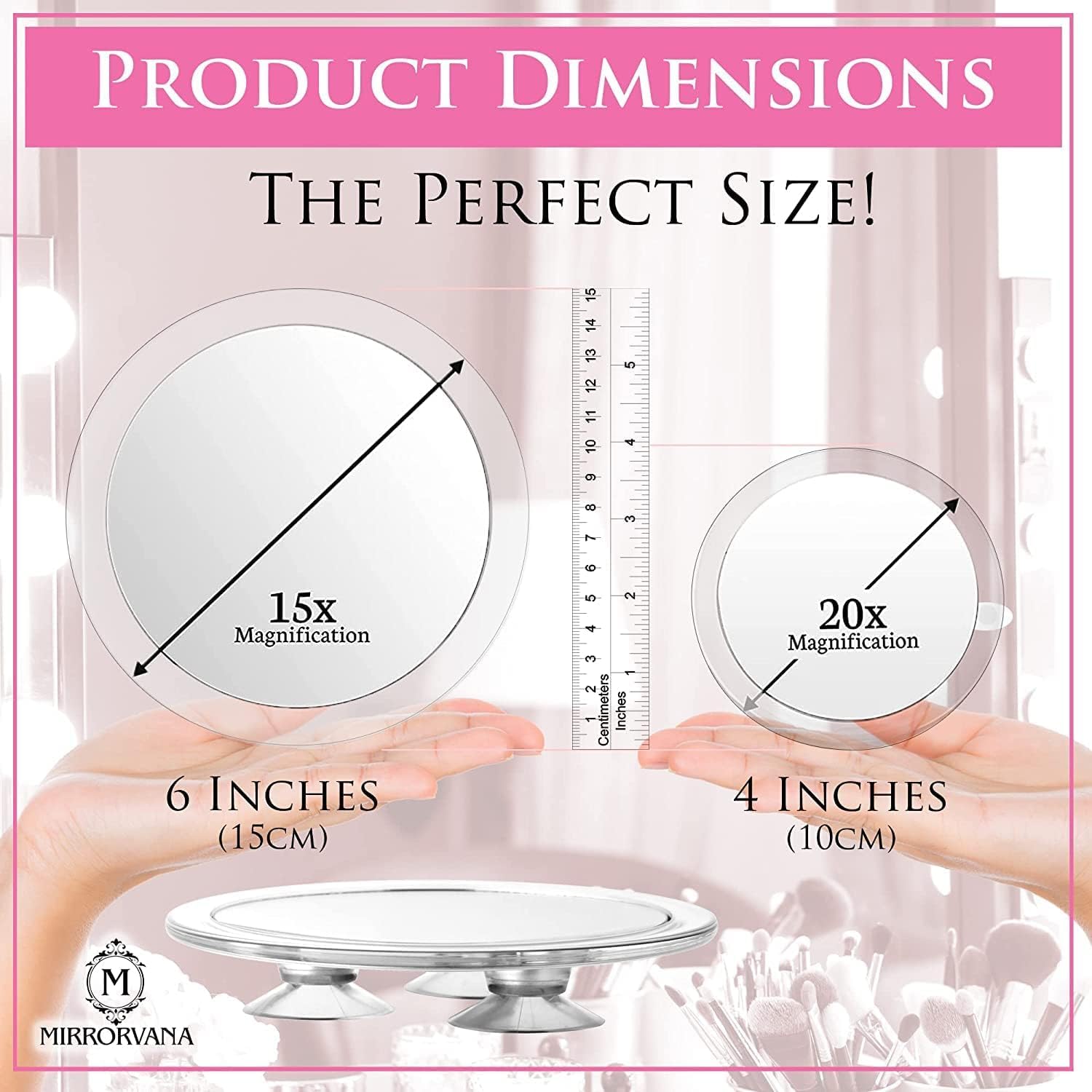 Mirrorvana 20X & 15X Magnifying Mirror Set With 3 Suction Cups Each - Compact & Travel Ready Mirror For Makeup - Sizes: 6'' And