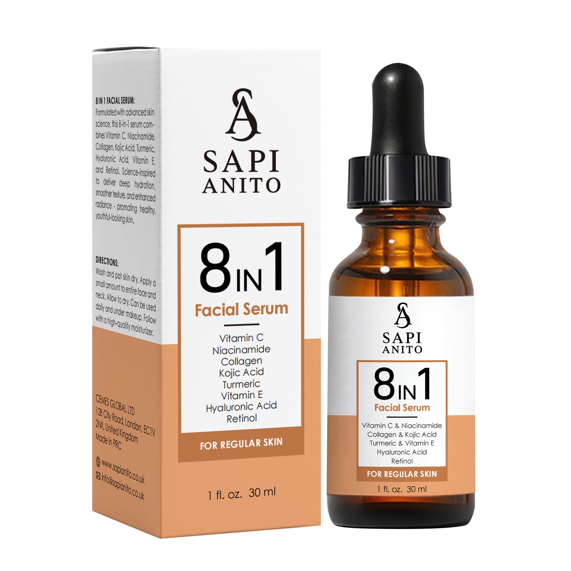 Sapi Anito 8in1 Facial Serum for Regular Skin, 1 fl oz (30 ml)  Vitamin C, Niacinamide, Hyaluronic Acid, Retinol, Kojic Acid,