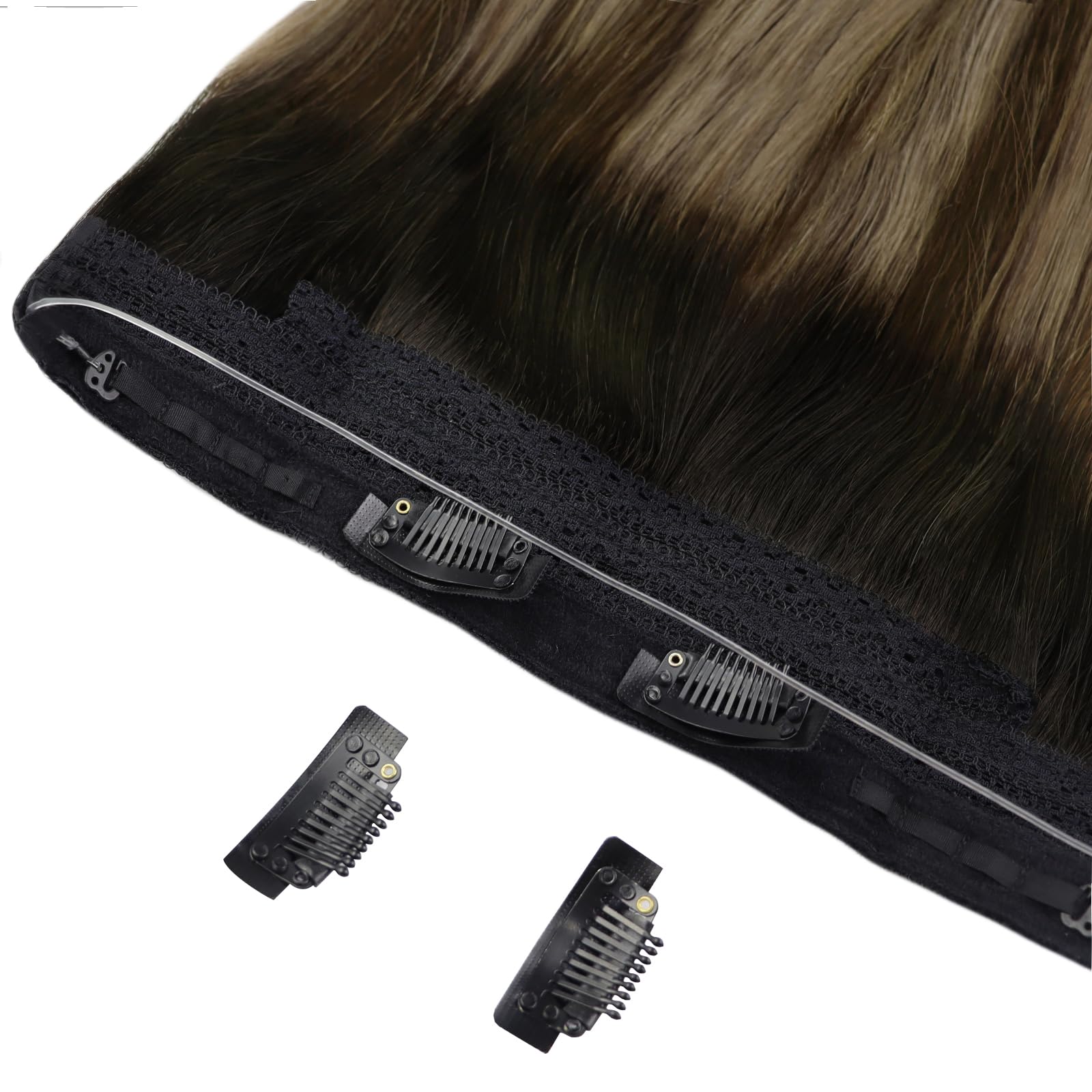 Sunny 100G Wire Hair Extensions Human Hair Ombre One Piece Hair Extensions With Secret Wire Black Ombre Dark Brown With Caramel
