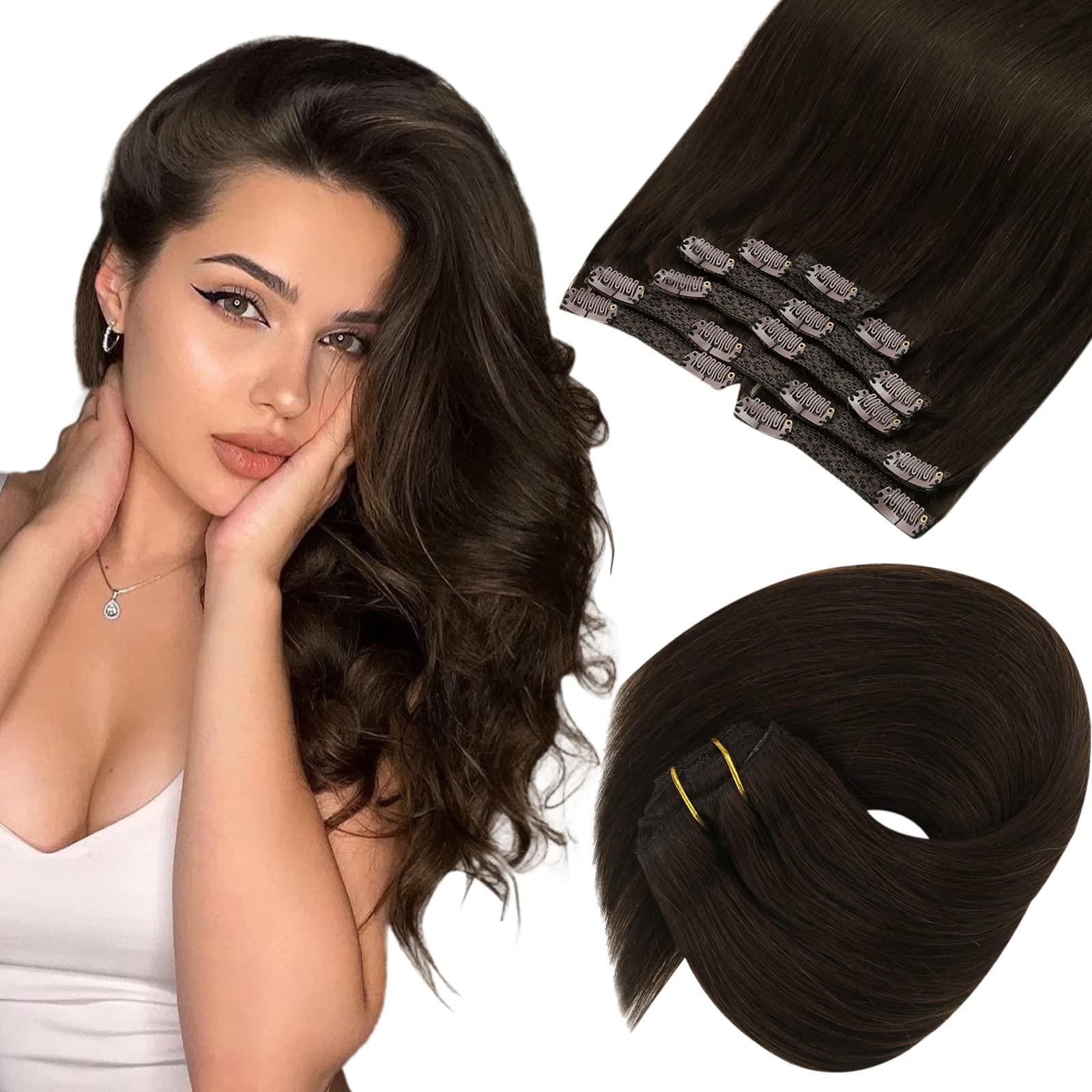 Sunny Clip on Hair Extensions Human Hair Darkest Brown Hair Clip in Human Hair Extensions Dark Brown Clip in Hair Extensions Nat