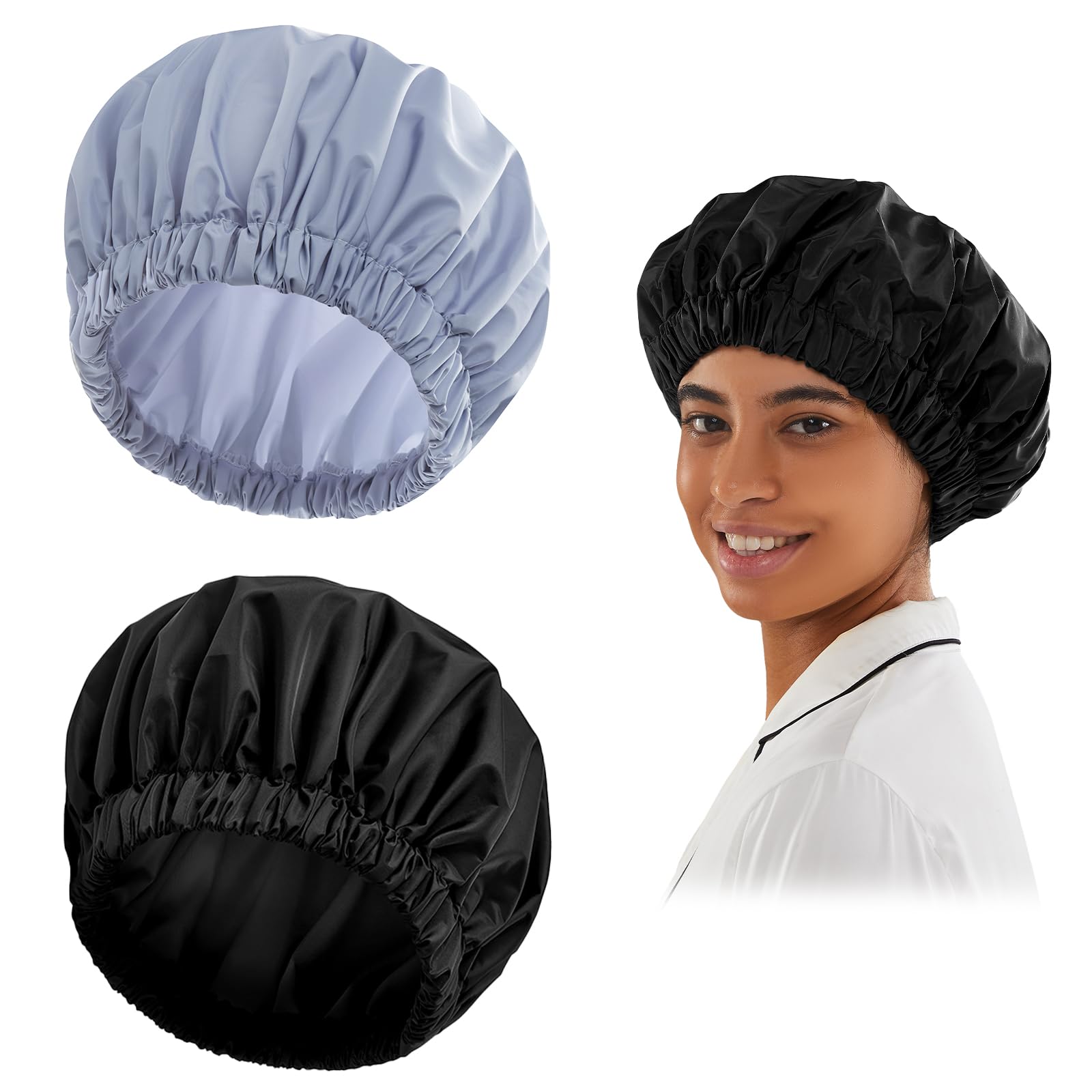 Reusable Shower Cap For Women, Large Waterproof Shower Bonnet Washable Elastic Band Bath Hair Hat For Long Hair, Braids(Black&Gr