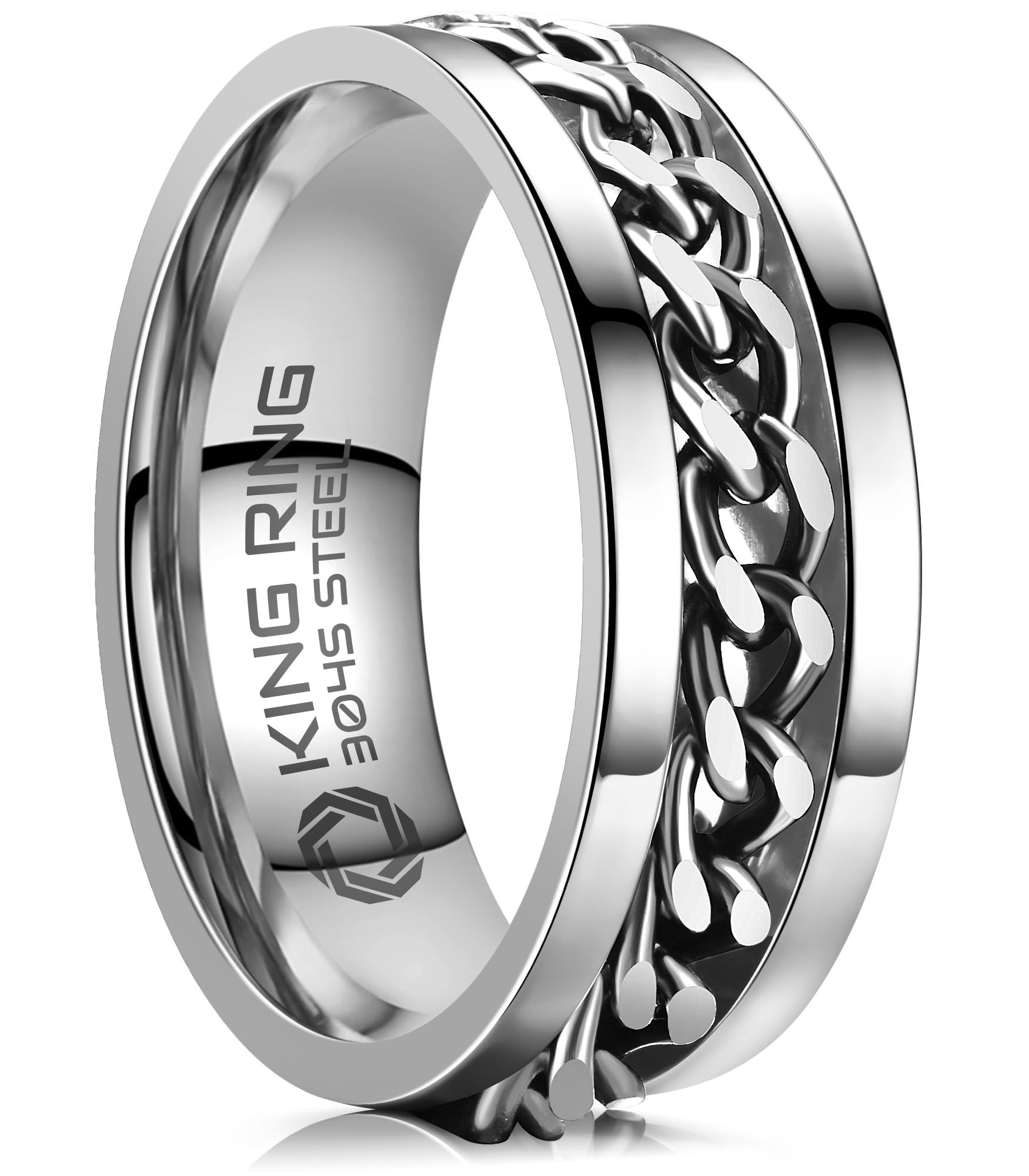 King Ring 8mm Silver Spinner Ring - Fine Polished Flat Fidget Ring for Men & Women with Cuban Chain, Stainless Steel Ring - Silv