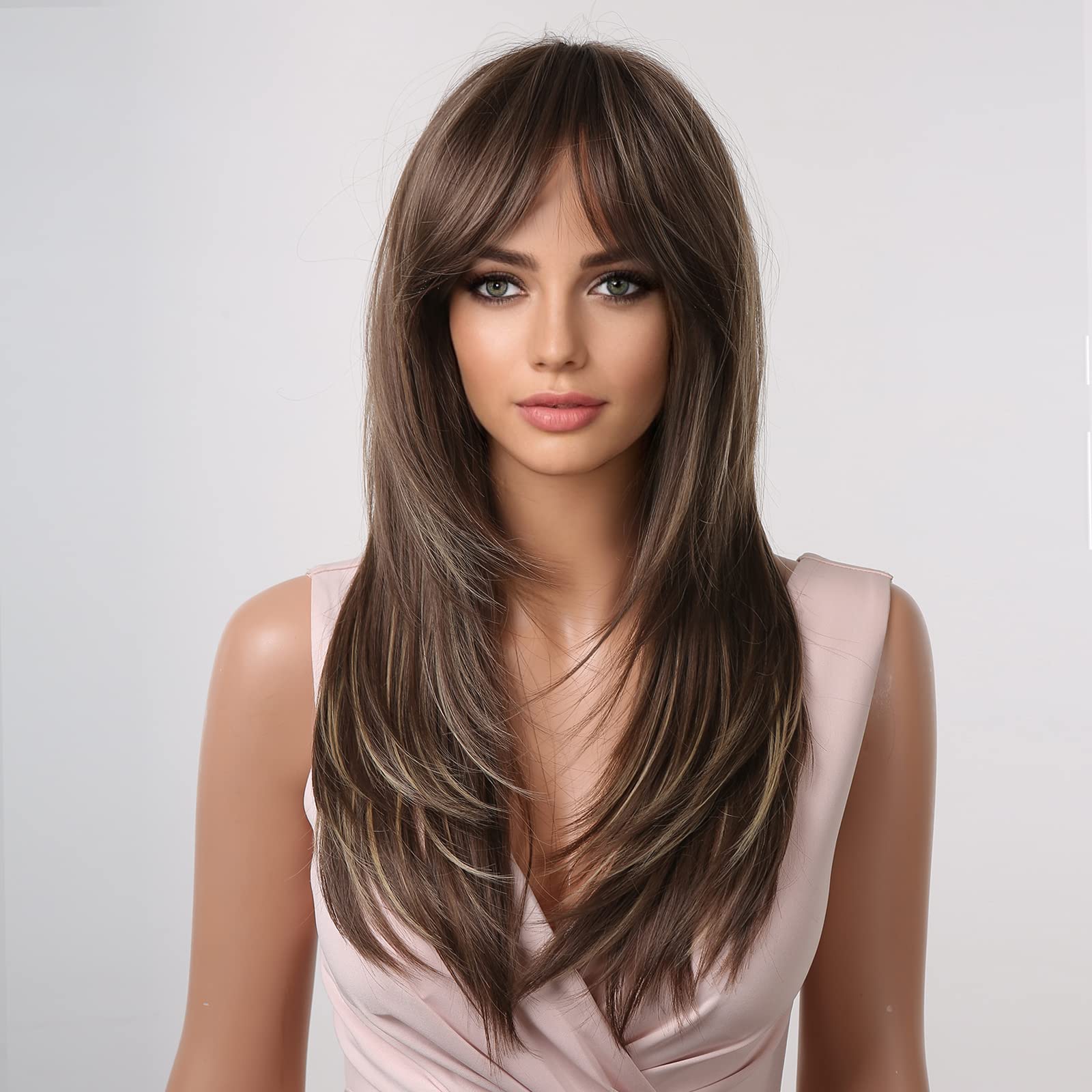 Haircube Long Layered Synthetic Hair Wigs For Women With Bang(Brown With Highlights)
