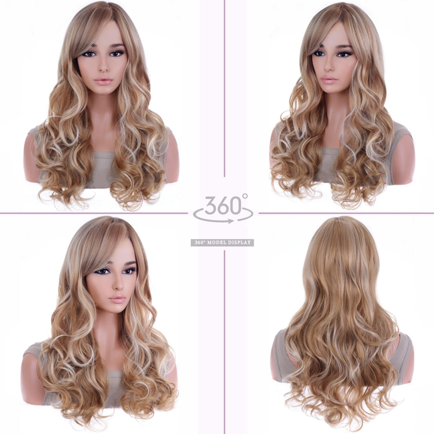 AneShe Wig Women's 2 Tones Blonde Mixed Big Wave Synthetic Hair Long Wavy Curly Hair Wigs (Golden/Blonde)
