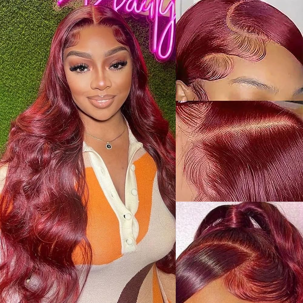 99J Burgundy Lace Front Wigs Human Hair Pre Plucked 13x4 Red Colored Human Hair Lace Front Wigs Body Wave 180% Density HD Lace F