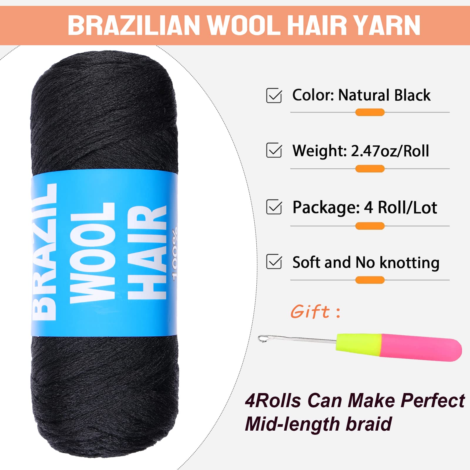 RuiYok 4 Pcs Natural Black Brazilian Wool Hair for Braiding Hair Acrylic Yarn Crochet Box Braids Senegalese Twist Jumbo Braids F