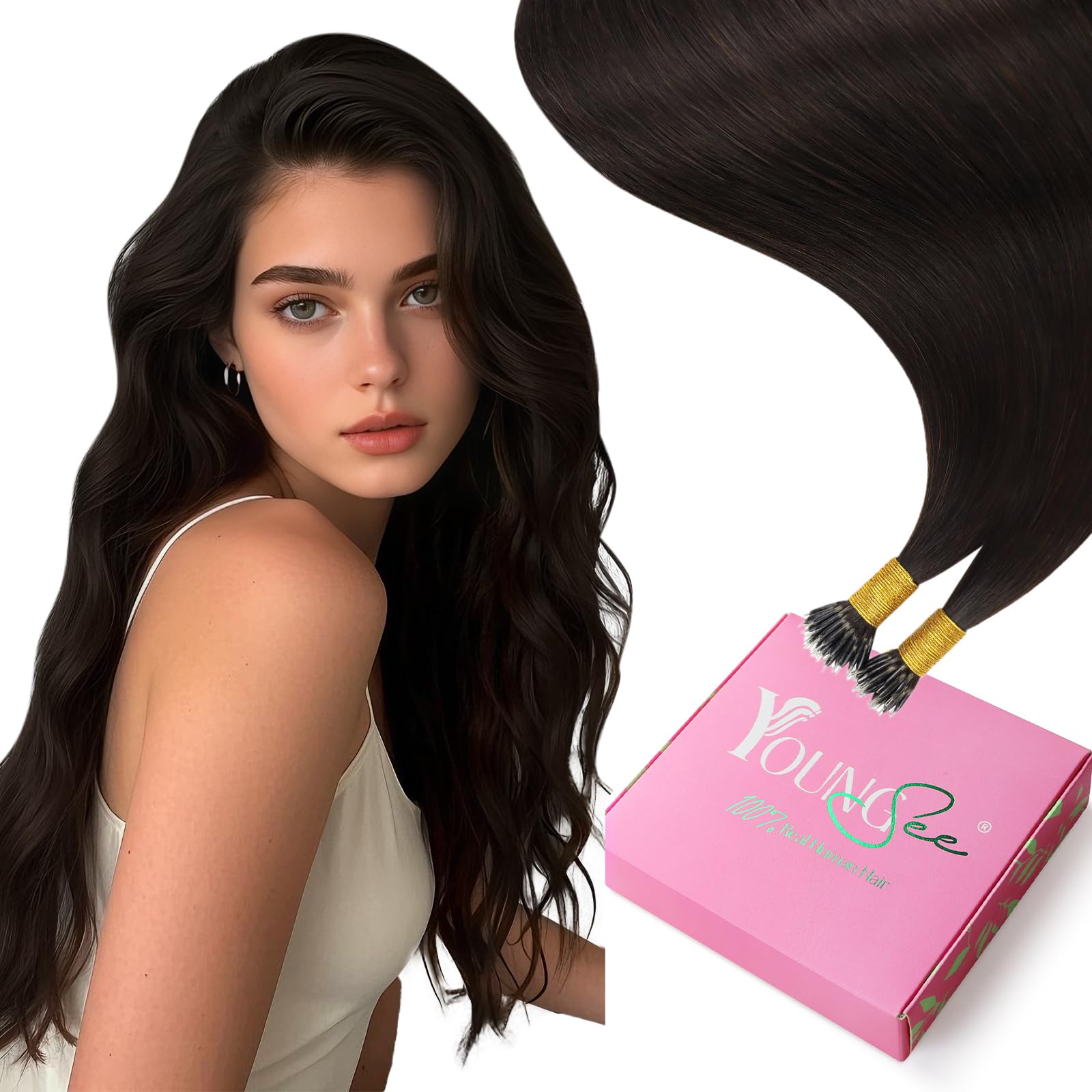 YoungSee 28Inch Nano Beads Hair Extensions Human Hair Dark Brown Nano Rings Human Hair Extensions Brown Nano-Tip Hair Extension 