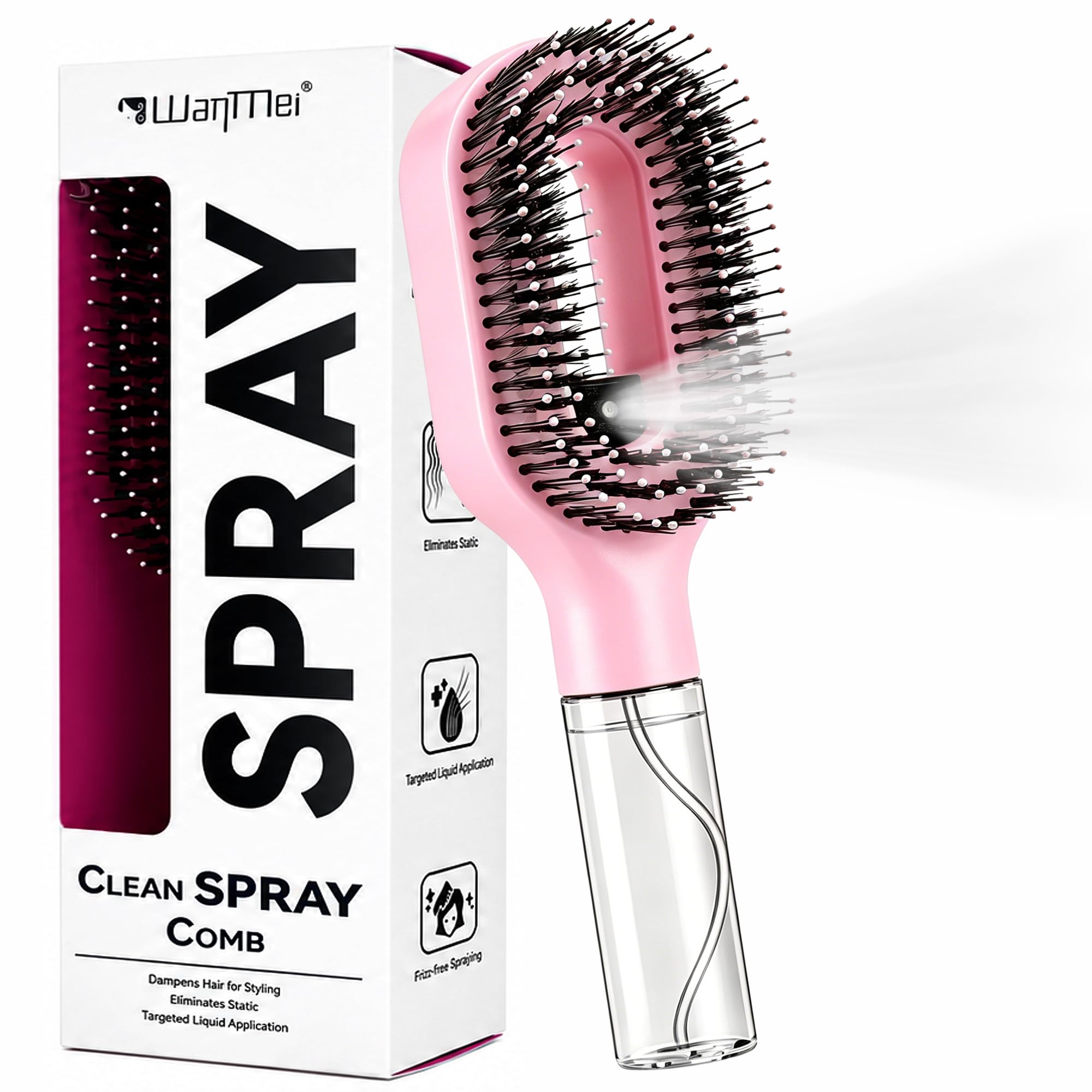 2in1 Manual Spray Hair Brush with Refillable Water Tank, Detangling Mist Comb for Fine Hair, Curly Hair and Kids, Travel Use, 