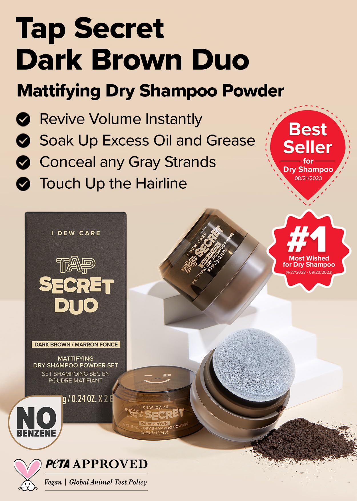 I Dew Care Dry Shampoo Powder - Tap Secret Dark Brown Duo | With Betaine, Black Ginseng, Non-Aerosol, Benzene-Free, Mattifying R