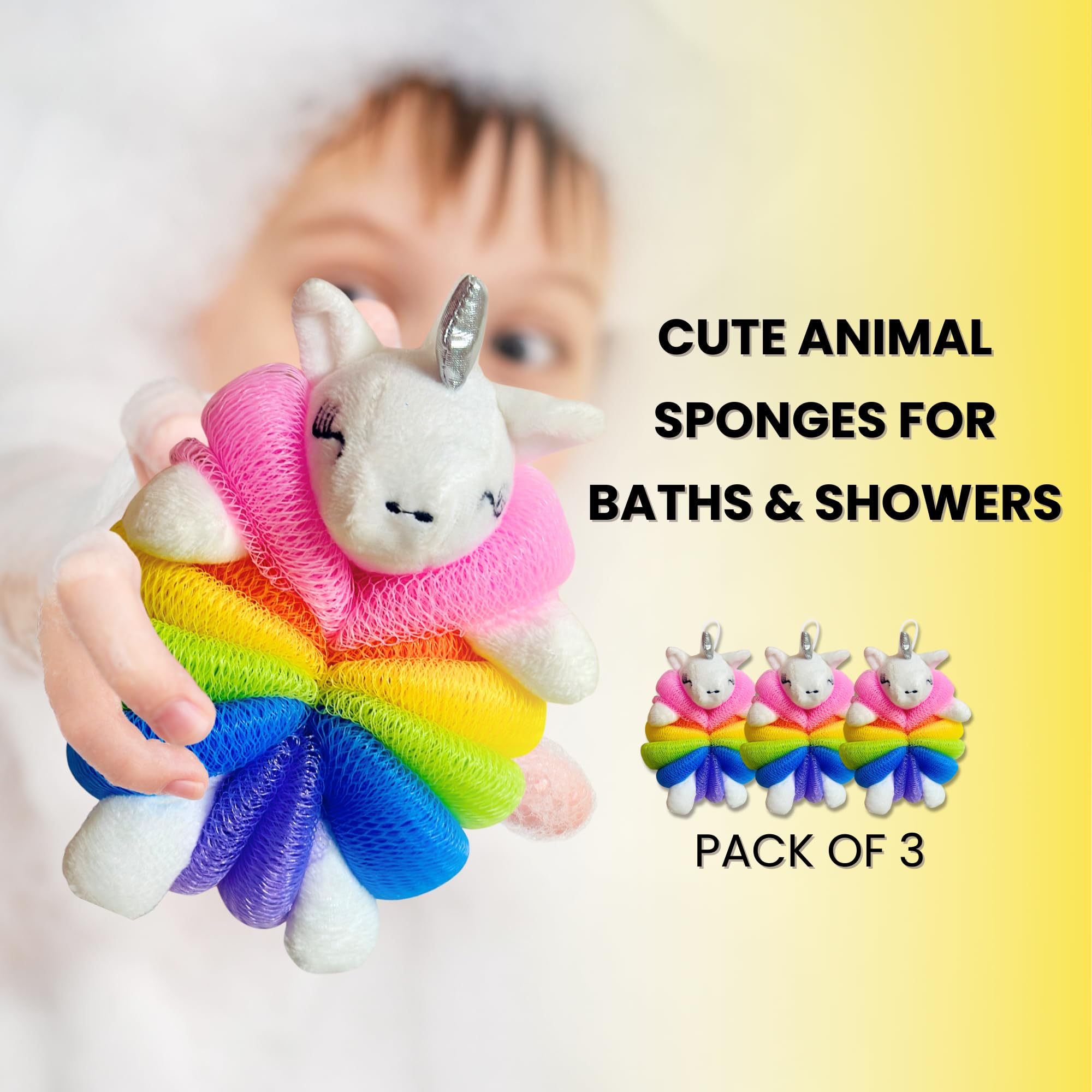 Cute Unicorn Bath Sponge For Kids - Toddler Bath Sponges, Mesh Pouf Body Scrubber, Gentle Shower Sponges, 3 Pack