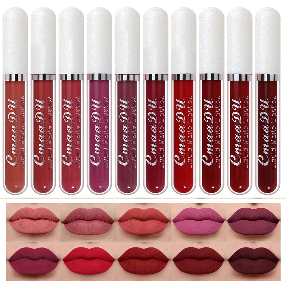 Evpct Cmaadu 10Pcs Liquid Matte Matt Lipstick Set For Black Women, Dark Deep Bright Ruby Sexy Brick Mauve Plum Red Violet Purple