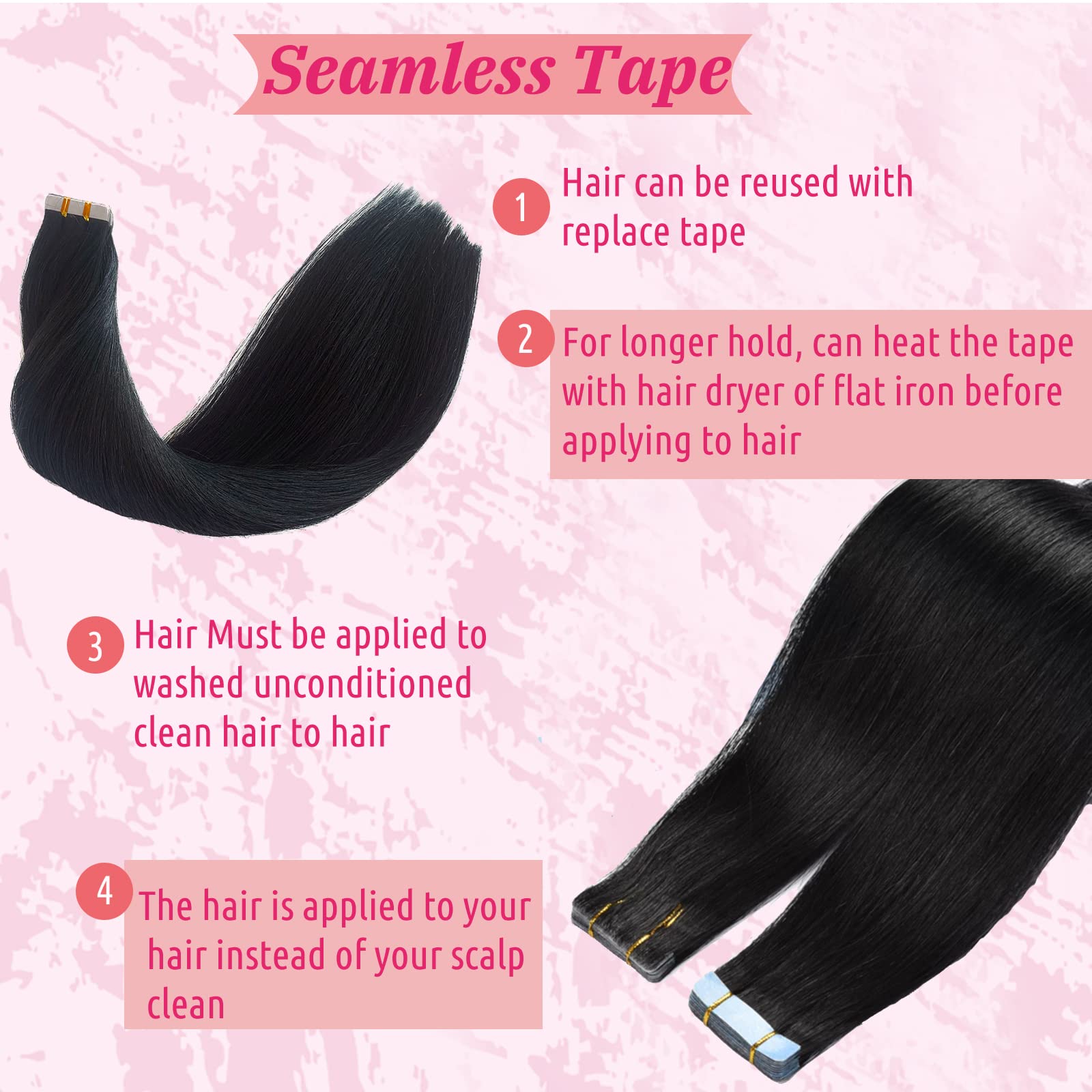 Black Tape In Human Hair Extensions Tape Ins For Women,Silky Straight Real Human Hair Tape In Extensions 50Grams 20Pcs Double Si