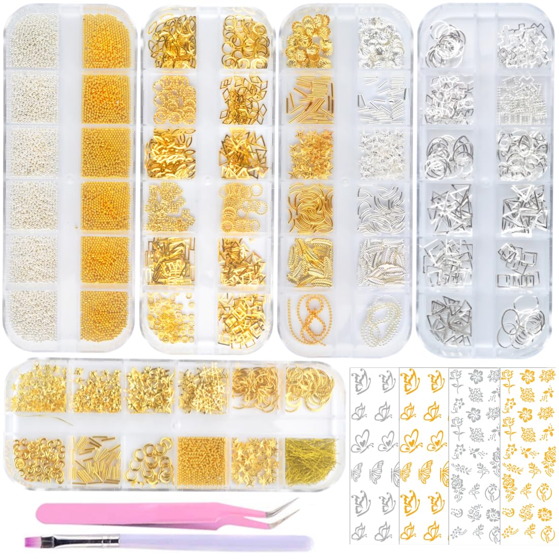 editTime 5 Boxes Gold & Silver Metal Nail 3D Punk Studs Star Moon Heart Triangle Square Rivet Gems Nail Art Jewels with a Curved
