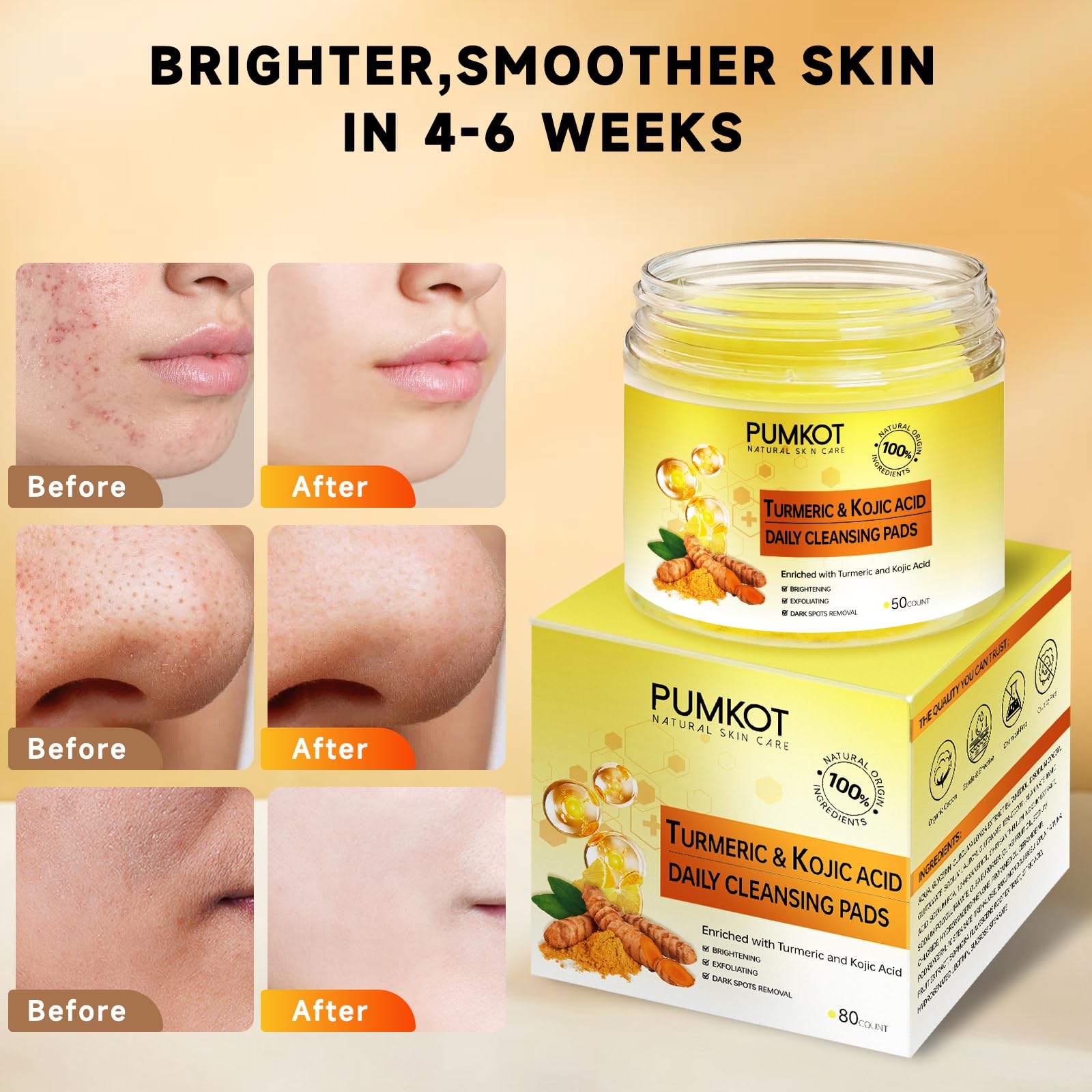 Pumkot Turmeric Kojic Acid Cleansing Pads, Turmeric Face Scrub Pads Enriched with Kojic Acid, 80PCS