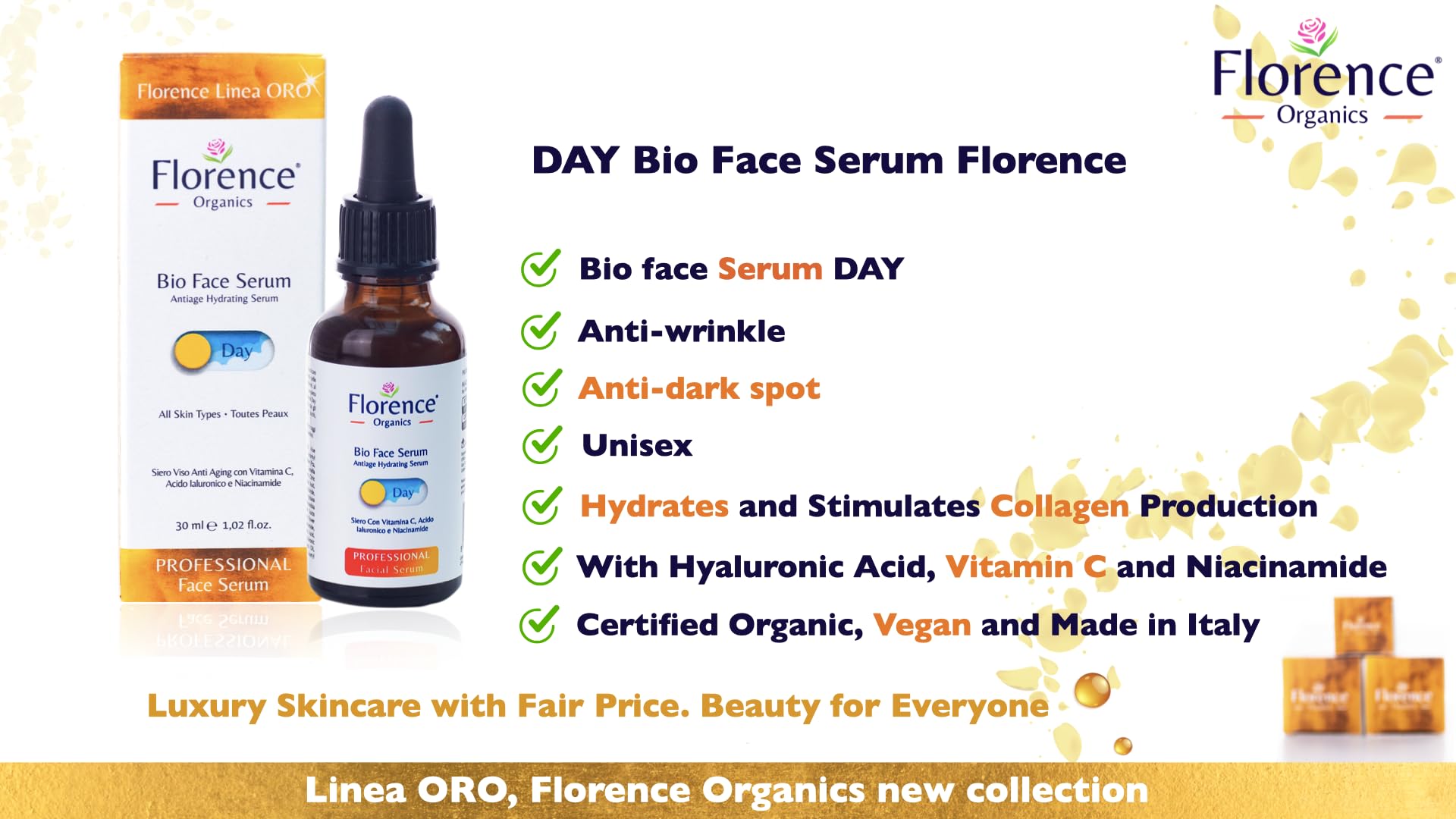 Organic Face Serum, Anti Aging, Hydration Professional Face Serum With Vitamin C, Day Serum With Hyaluronic Acid For Face, Neck