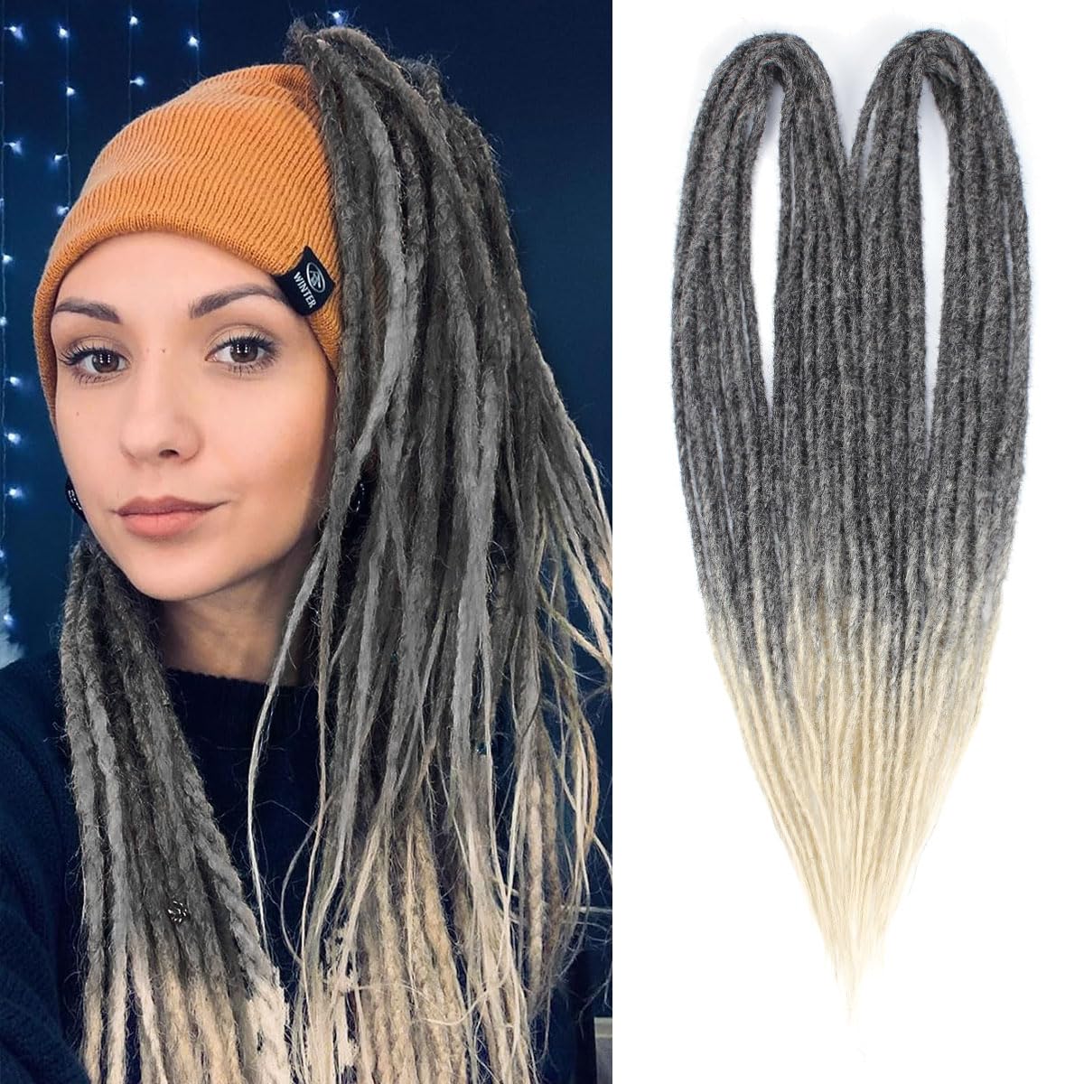Kraler 18'' Double Ended Dreadlock Extensions, 20 Strands Handmade Gray to Blonde Synthetic DE Dreads Extensions, Thin 0.6cm Wid