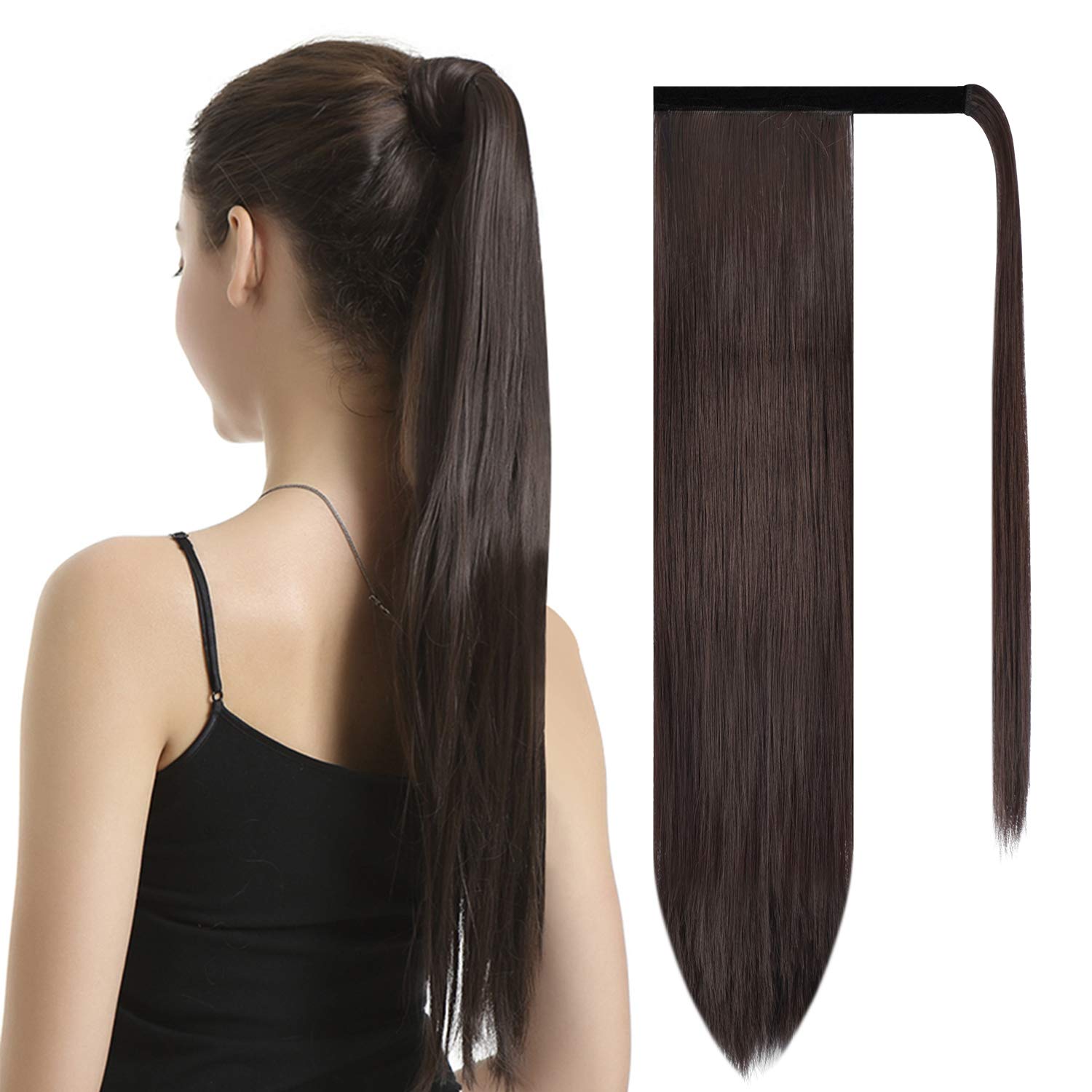 BARSDAR 24 inch Ponytail Extension Long Straight Wrap Around clip in Synthetic Fiber Hair for Women - Dark Brown