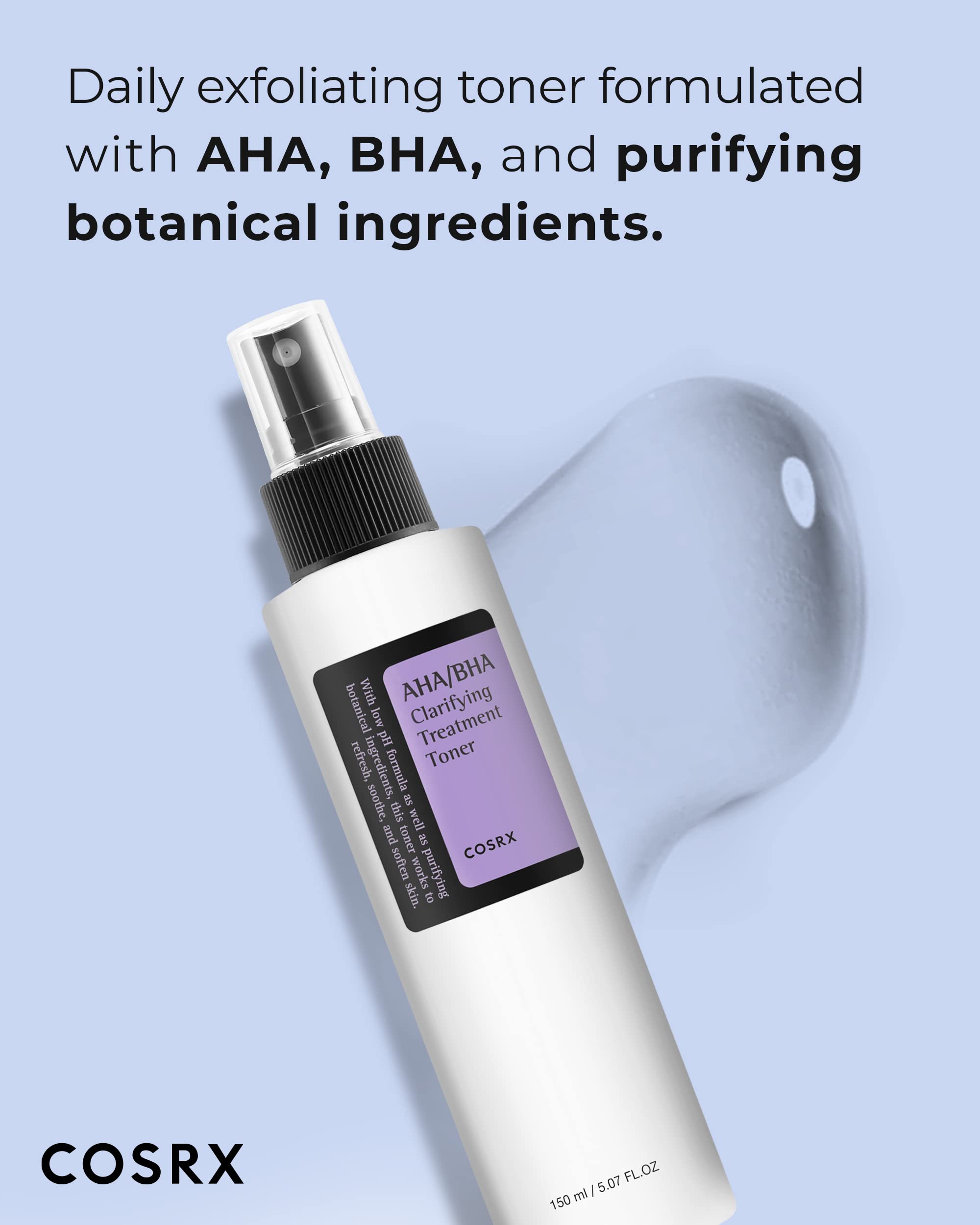 Cosrx Aha/Bha Treatment Toner 5.07 Fl.Oz/ 150Ml, Facial Exfoliating Spray For Whiteheads, Pores, & Uneven Skin, Korean Toner, No