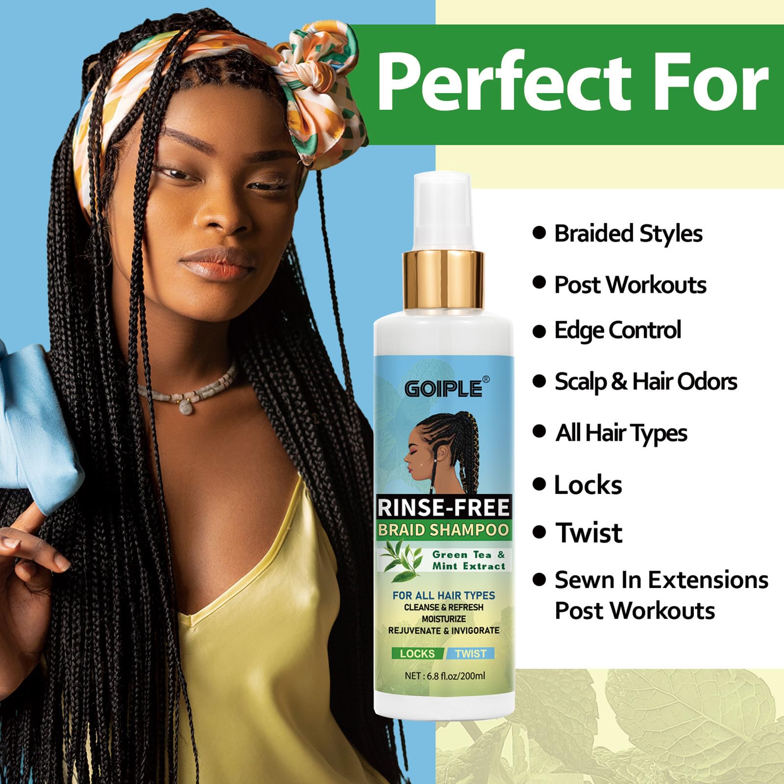 No-Water Braid Shampoo For Locs, Twists, Weaves - Rinse-Free, Dreadlock Shampoo For Build-Up, Odor, Itch & Flakes, No Residue, C