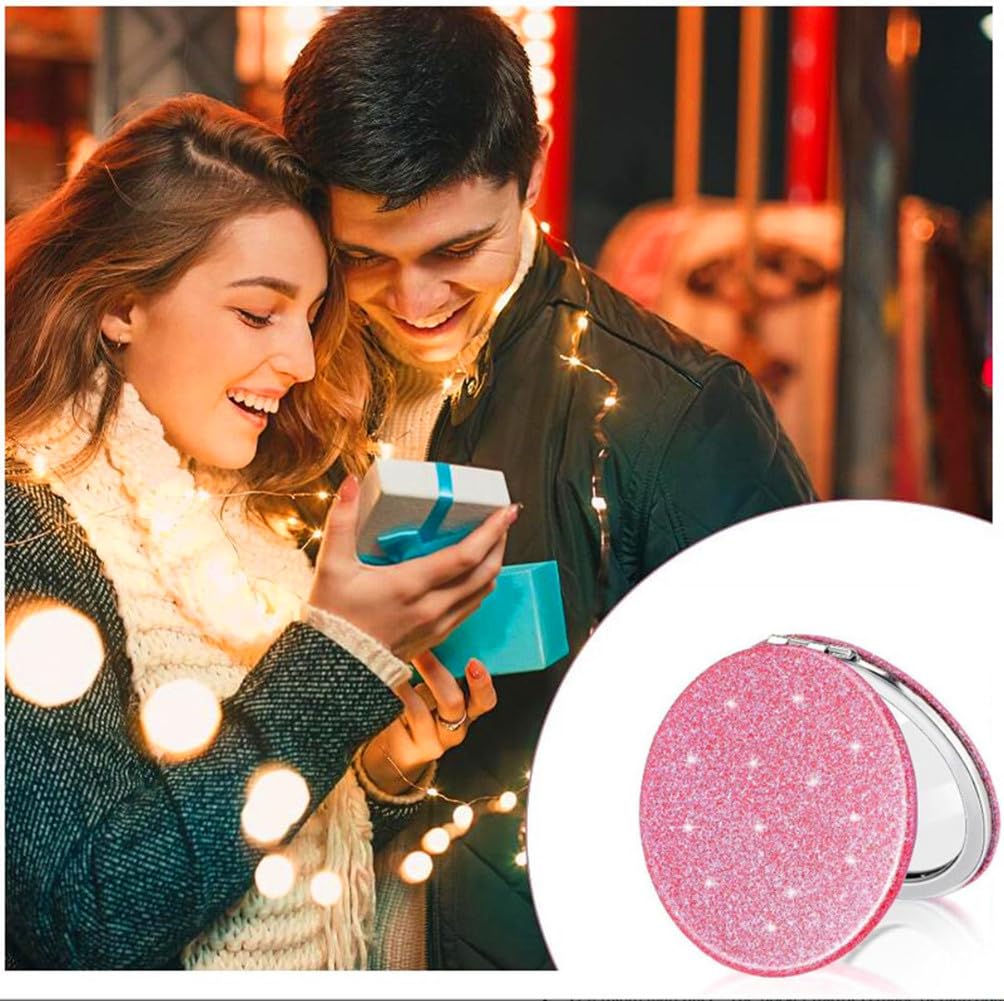 Mpowtech Cute Pink Compact Mirror For Women,Small Magnifying Travel Mirror With Glitter,Portable 2 X 1X Magnification Folding Po