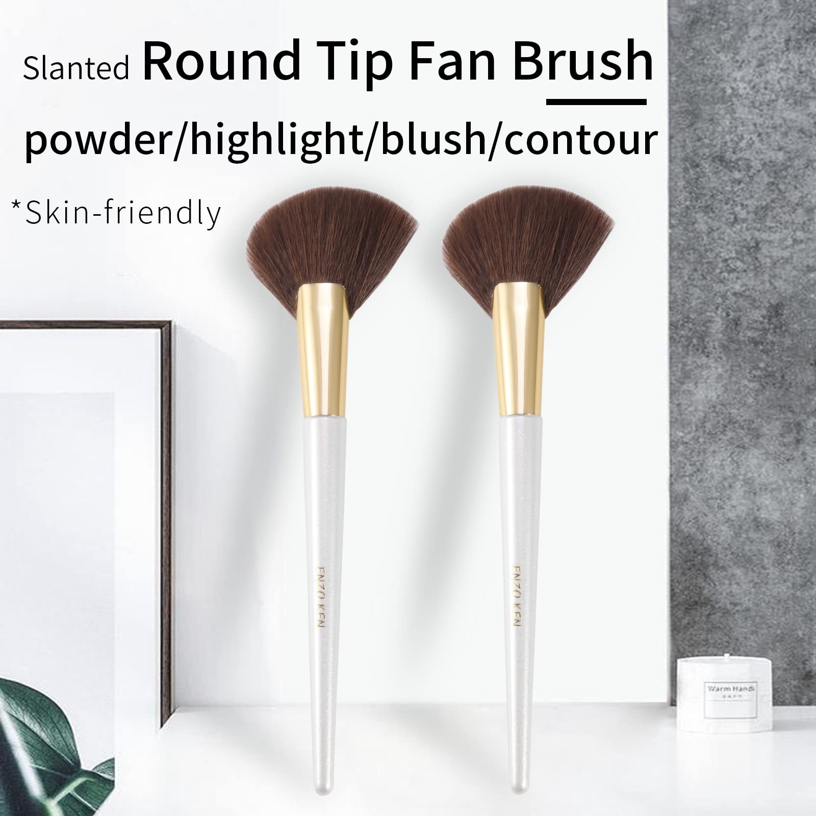 Enzo Ken Angled Fan Makeup Brush, Thick Fan Brush Makeup, Fan Brush Bronzer, Fluffy Blush Brush For Cheeks, Sculpt Blush Brush,
