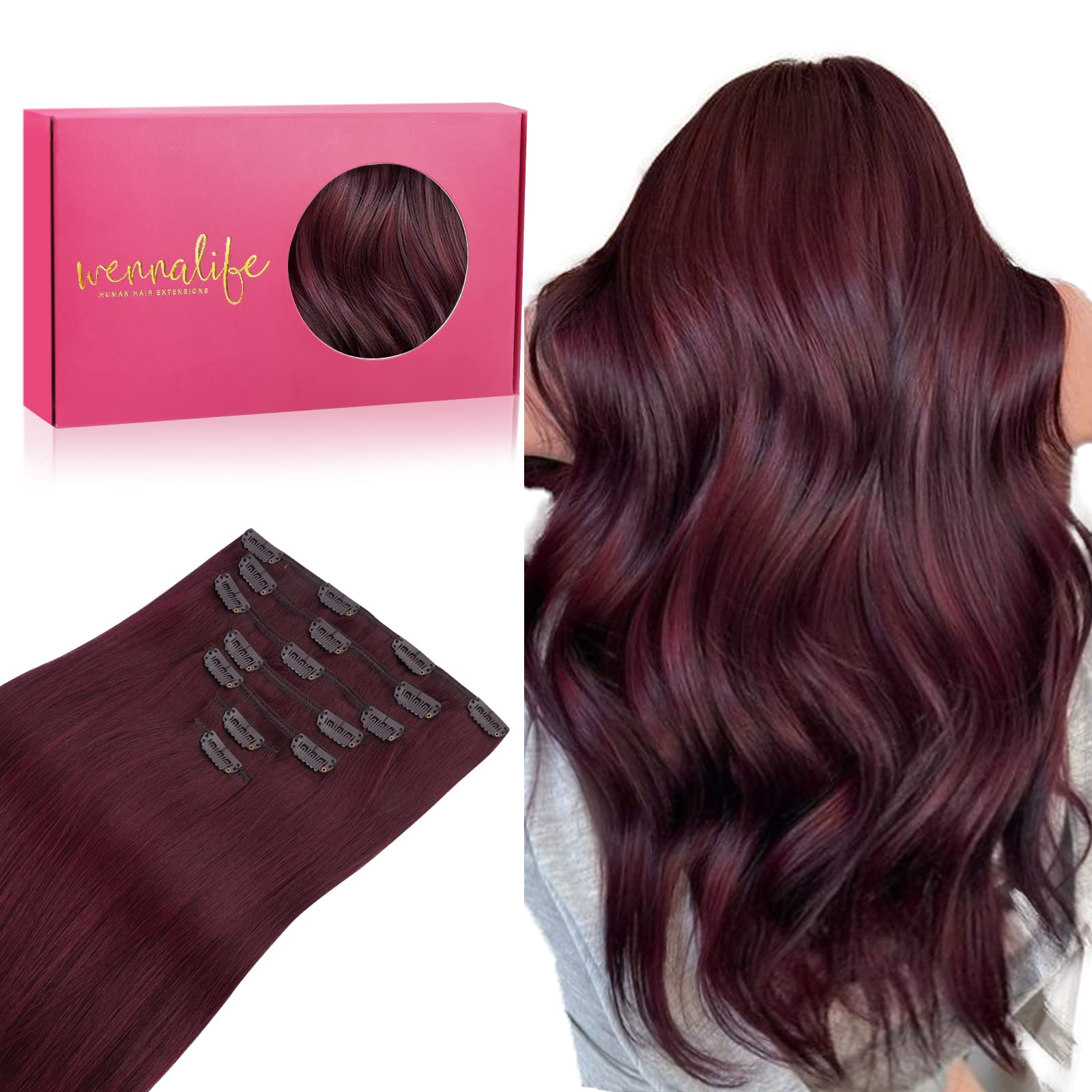 WENNALIFE Clip in Hair Extensions Real Human Hair, 14 Inch 120g 7pcs Human Hair Extensions Clip In Human Hair, Light Burgundy Ha